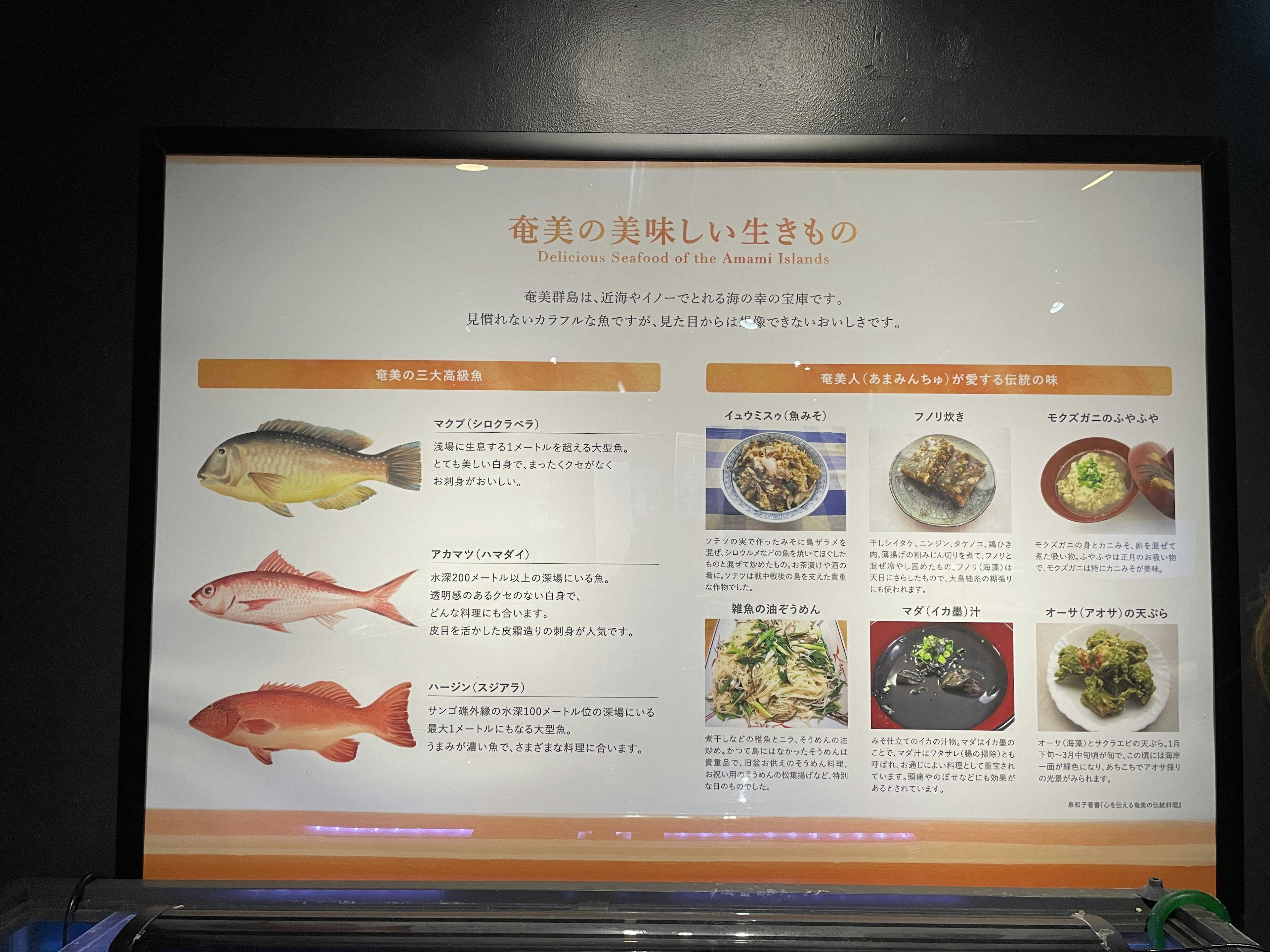 魚の種類と調理方法を紹介するメニューの看板