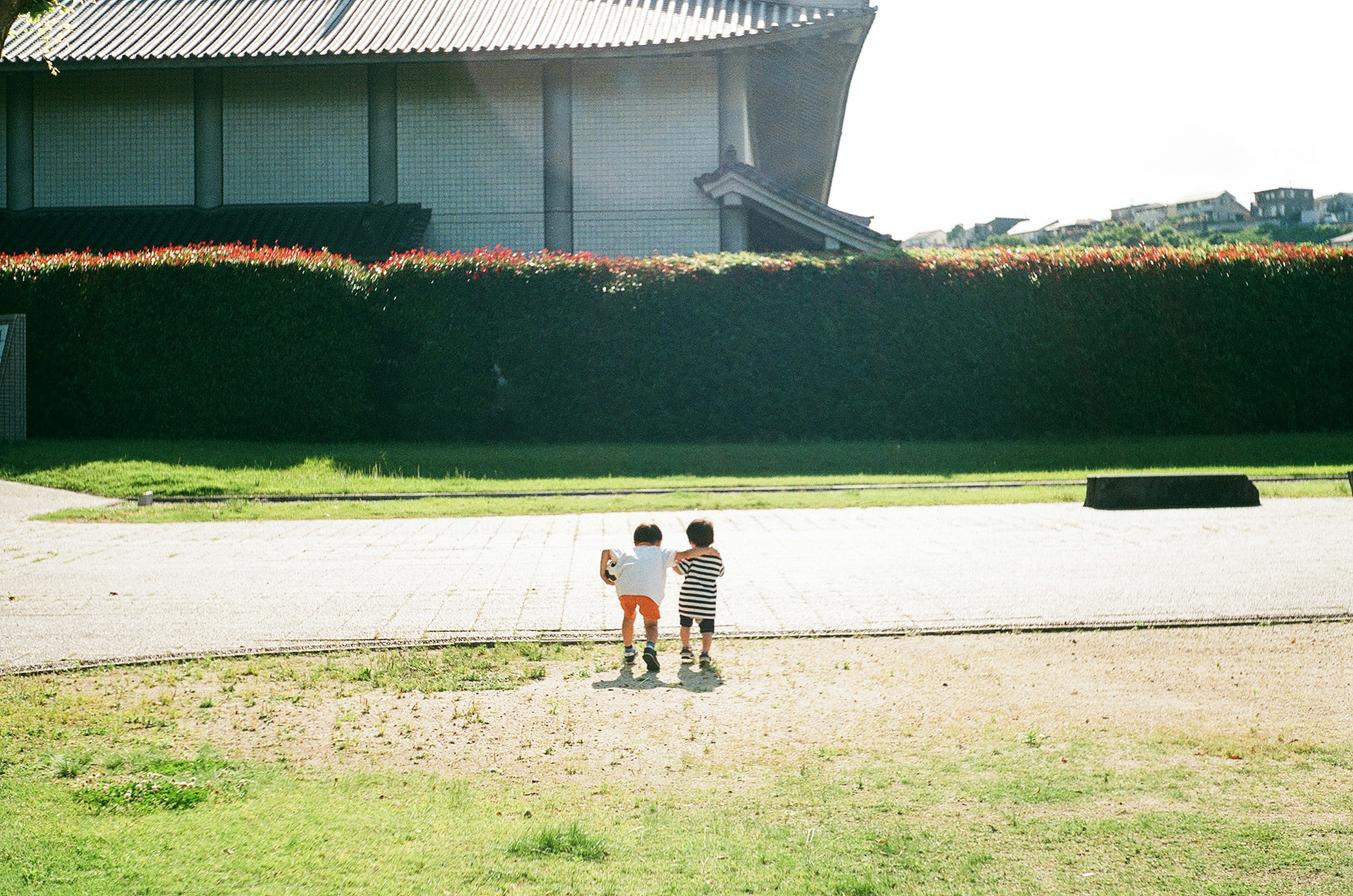 Two children standing together in a park facing away from the camera