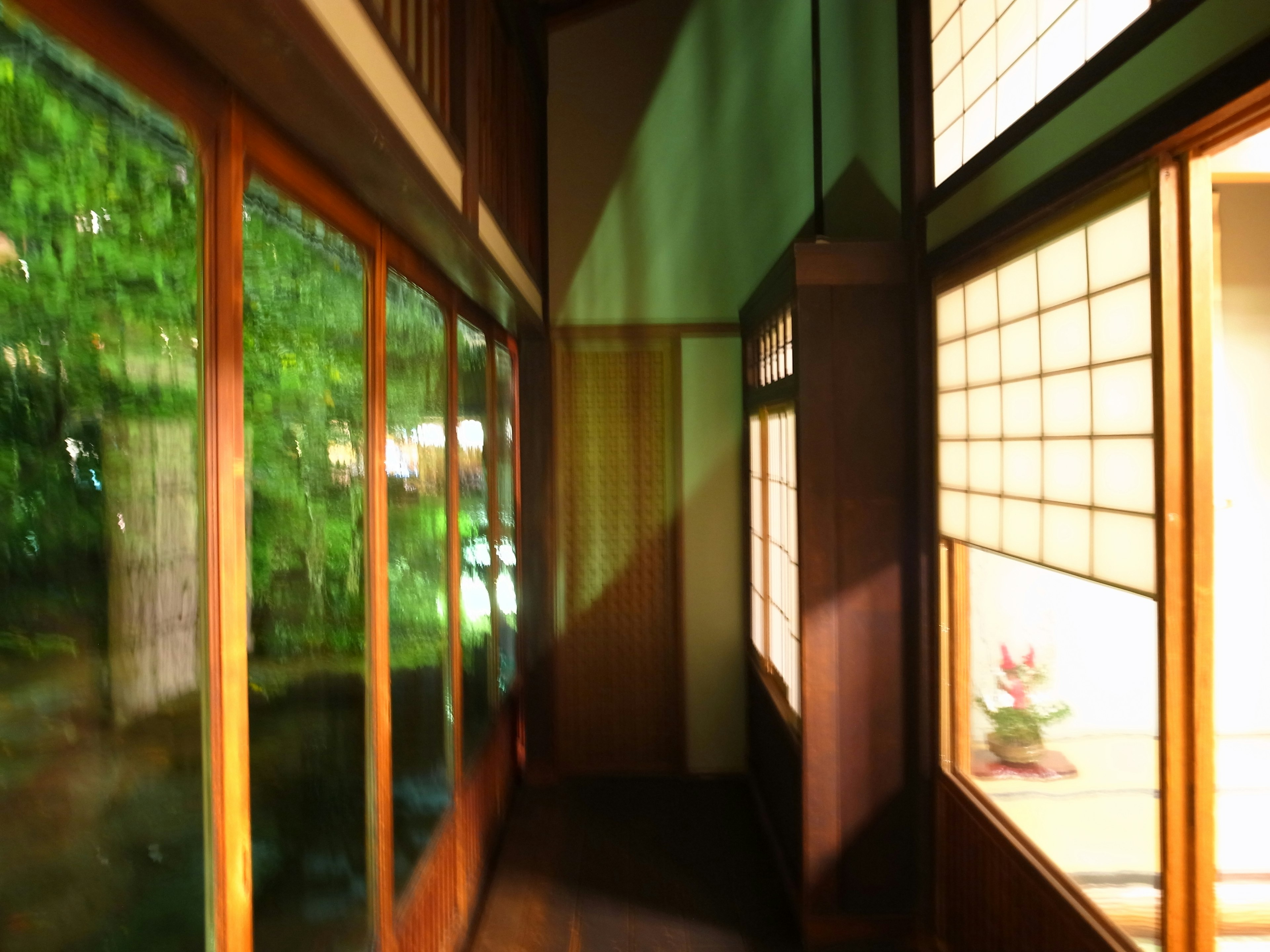 Murs en bois et shoji dans un couloir sombre avec de la verdure visible à l'extérieur