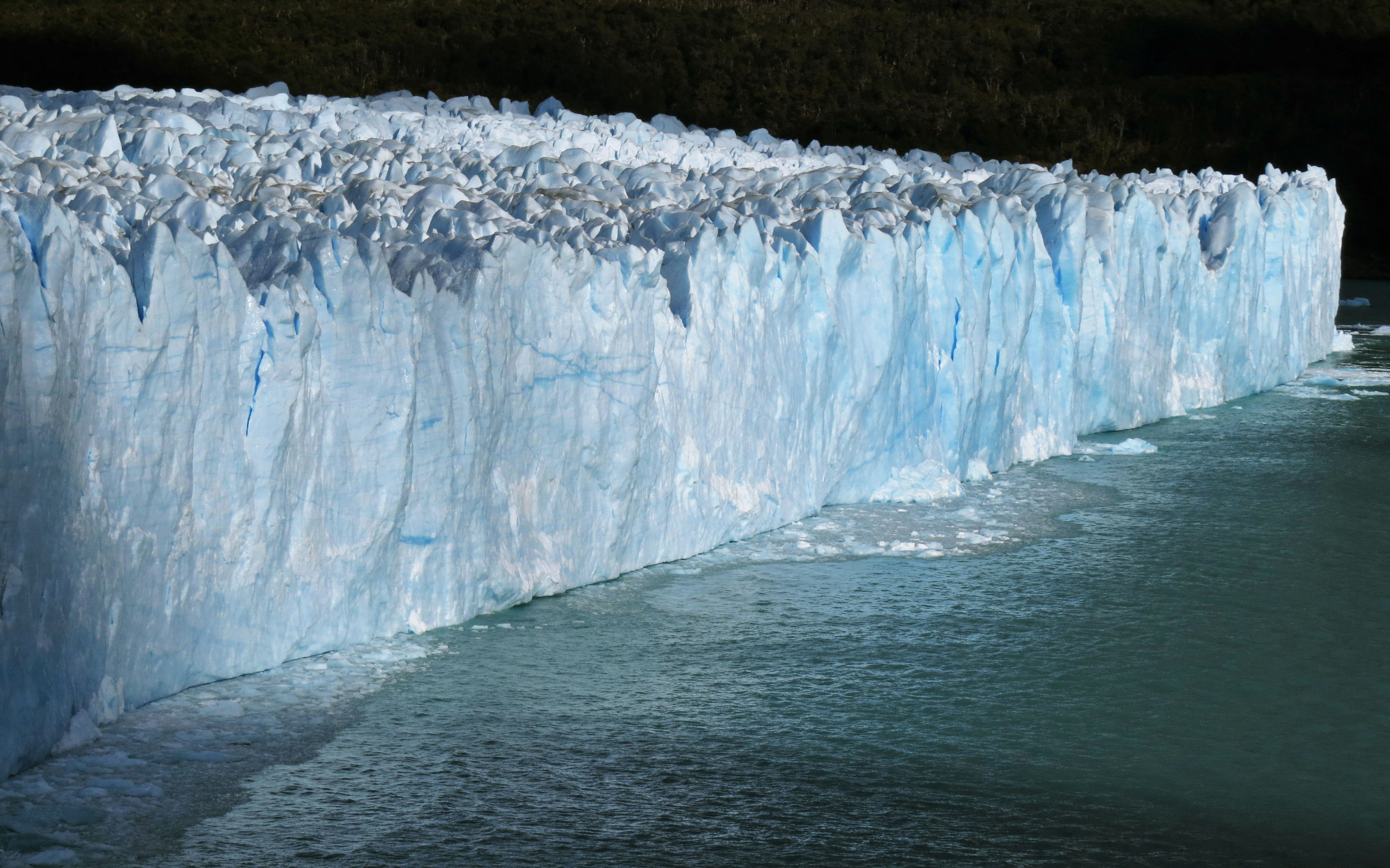 Ein Gletscher mit einer blauen Eiswand, die die Wasseroberfläche berührt