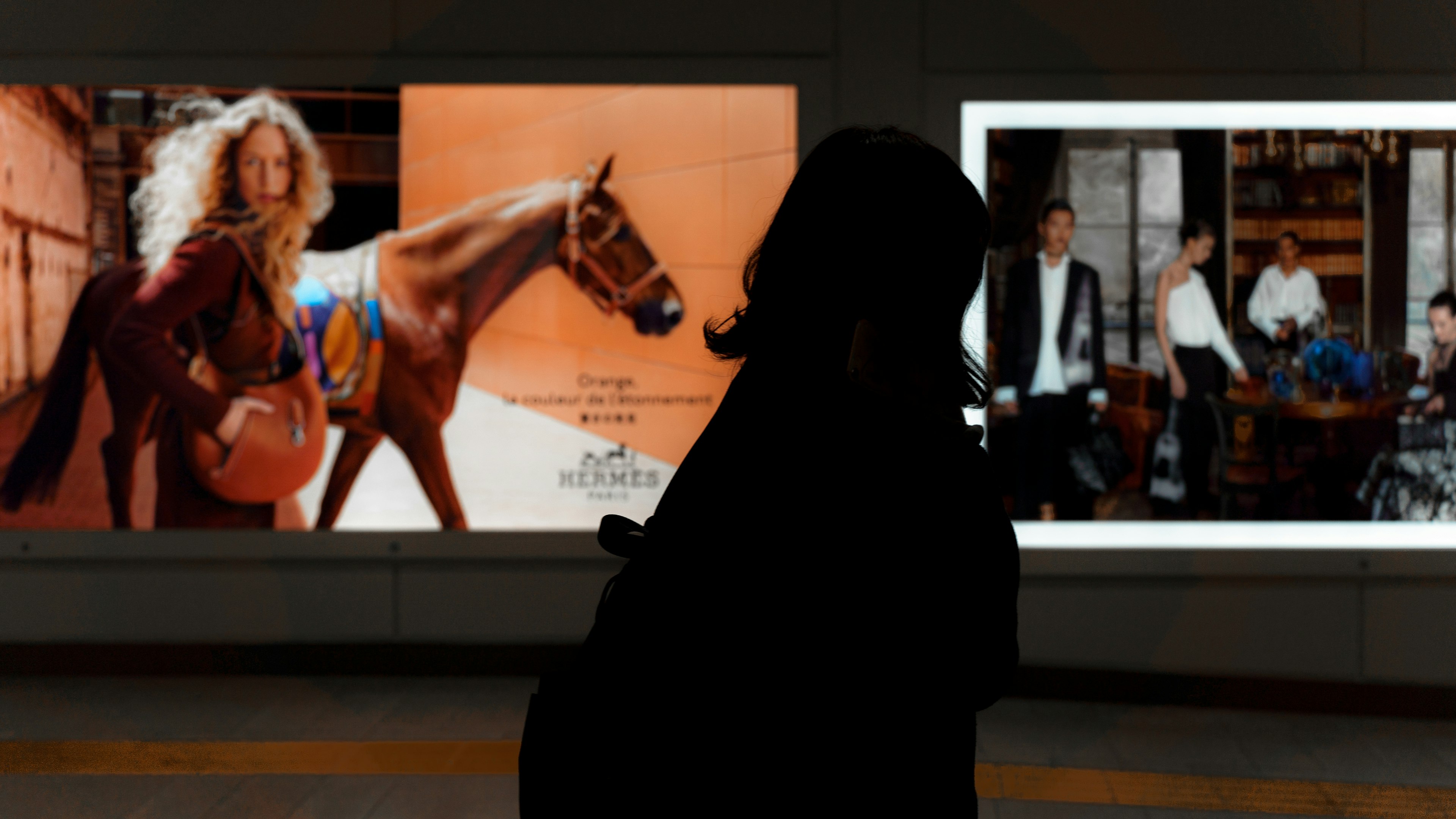 Silhouette of a person in front of advertisements featuring a horse and people