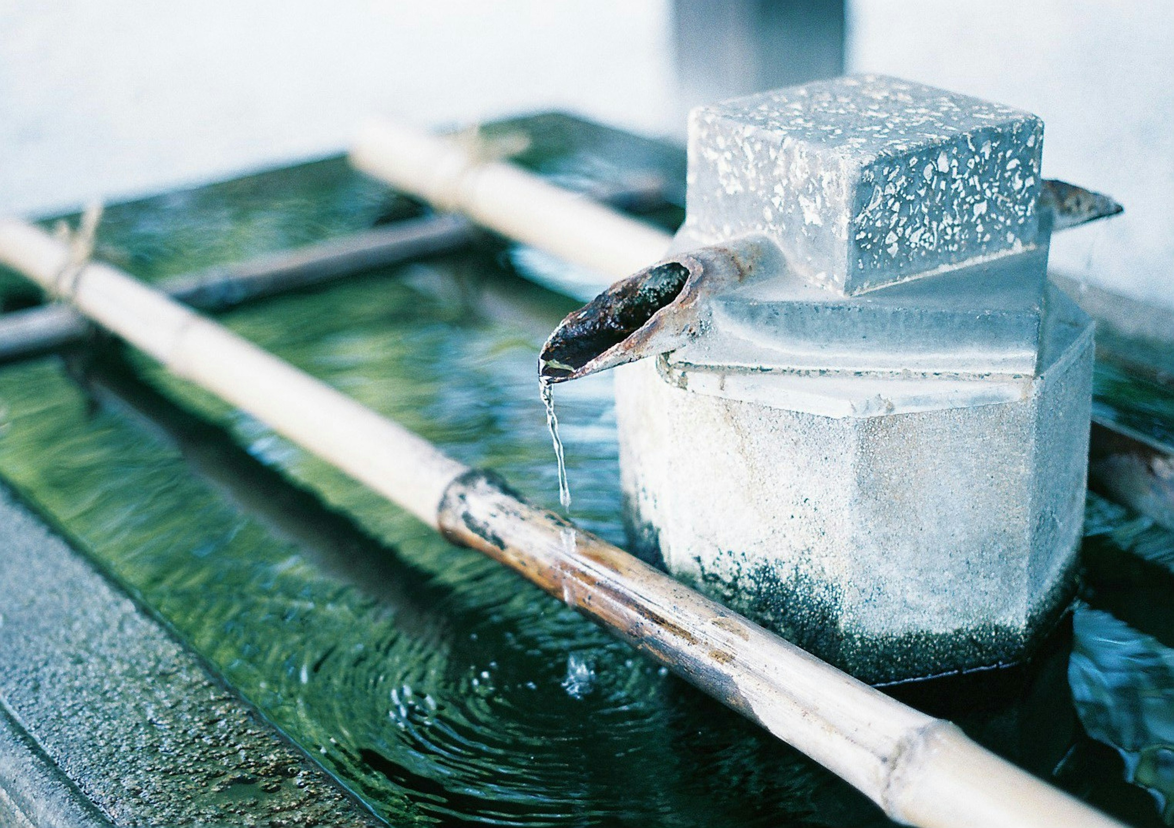 水の音が響く竹の水場の風景 銀色の水受けと竹の棒が配置されている