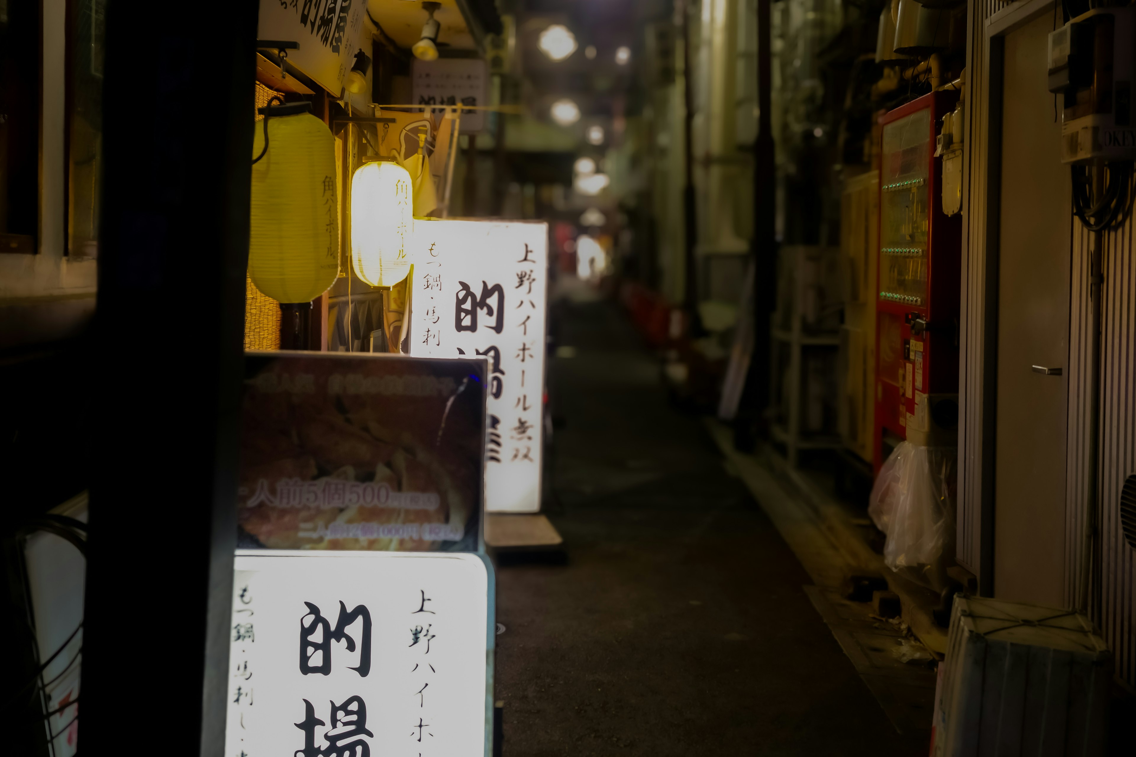 Allée faiblement éclairée avec des enseignes et des lanternes d'izakaya japonais