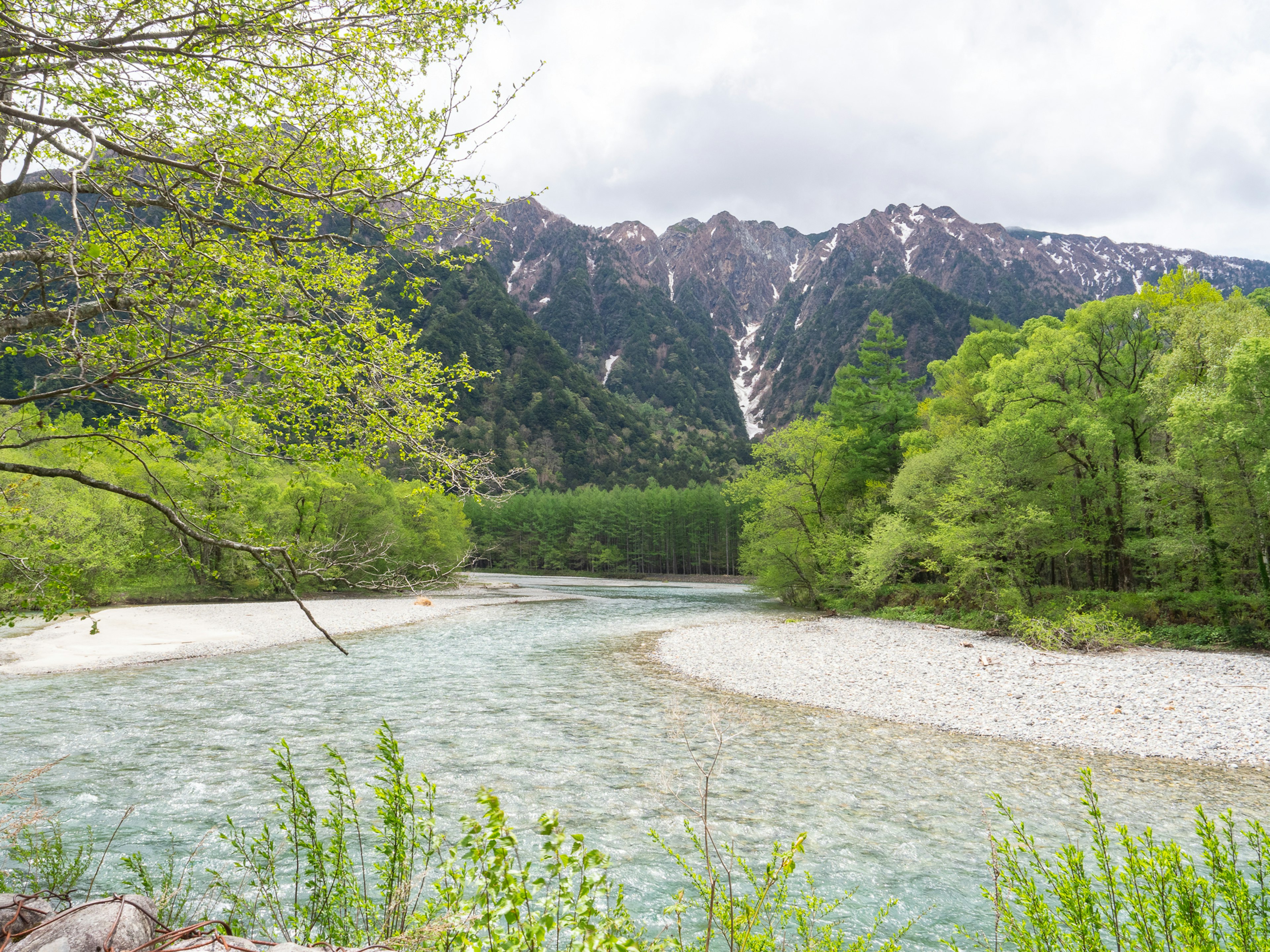 蓝色河流环绕着郁郁葱葱的绿色树木和山脉的风景