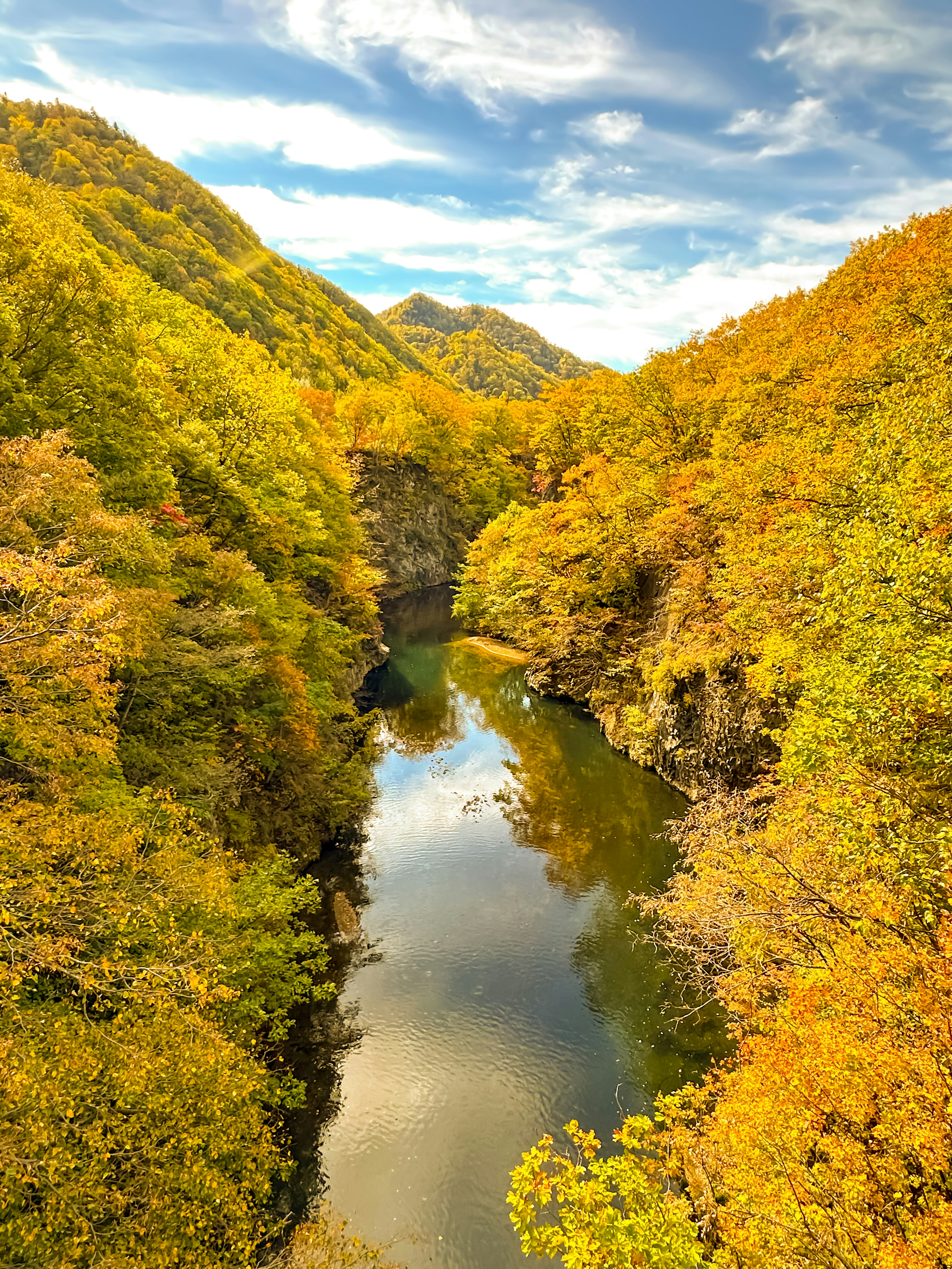 Malersicher Blick auf einen Fluss umgeben von Herbstlaub und Bergen