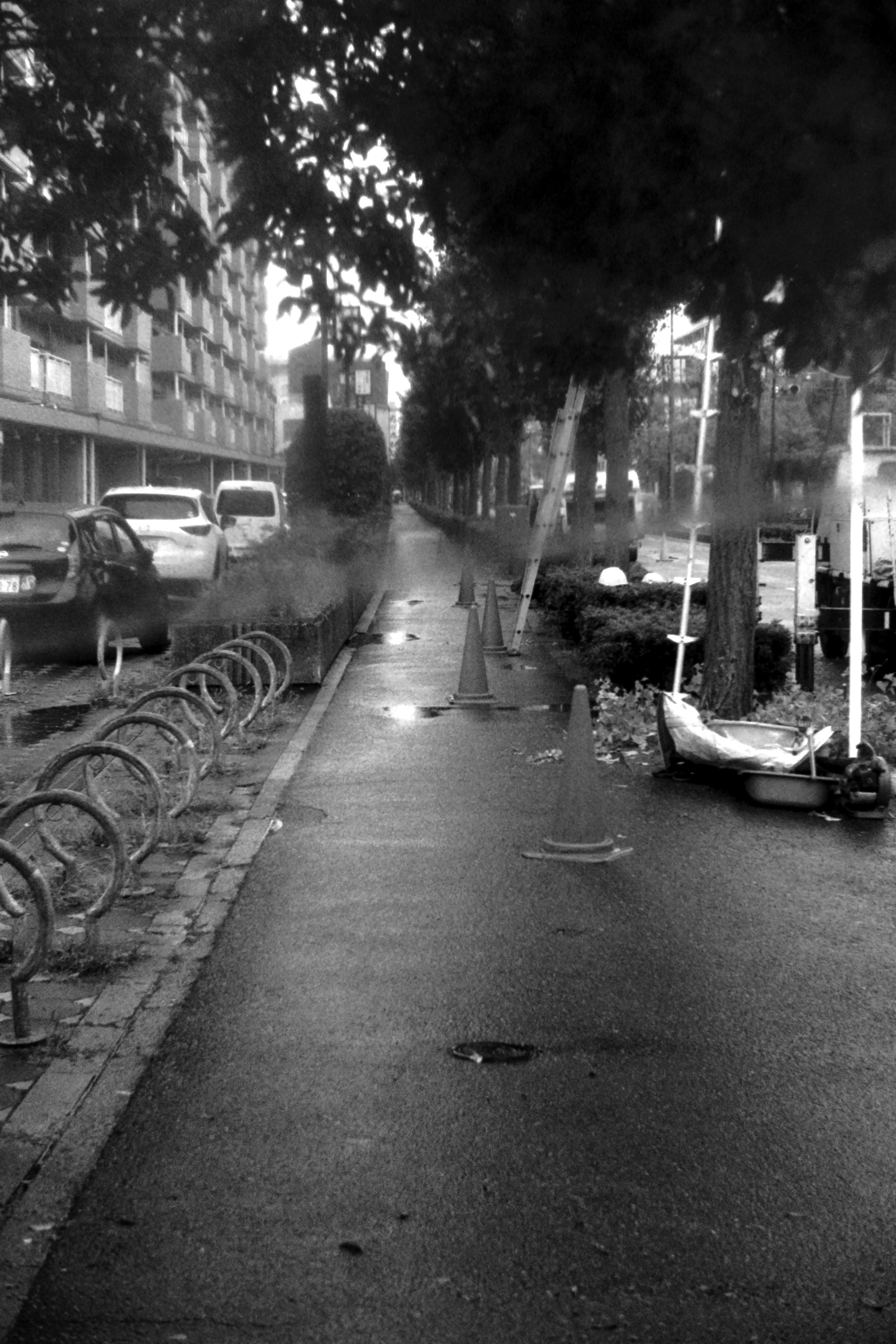 Black and white city street featuring bike racks and parked vehicles