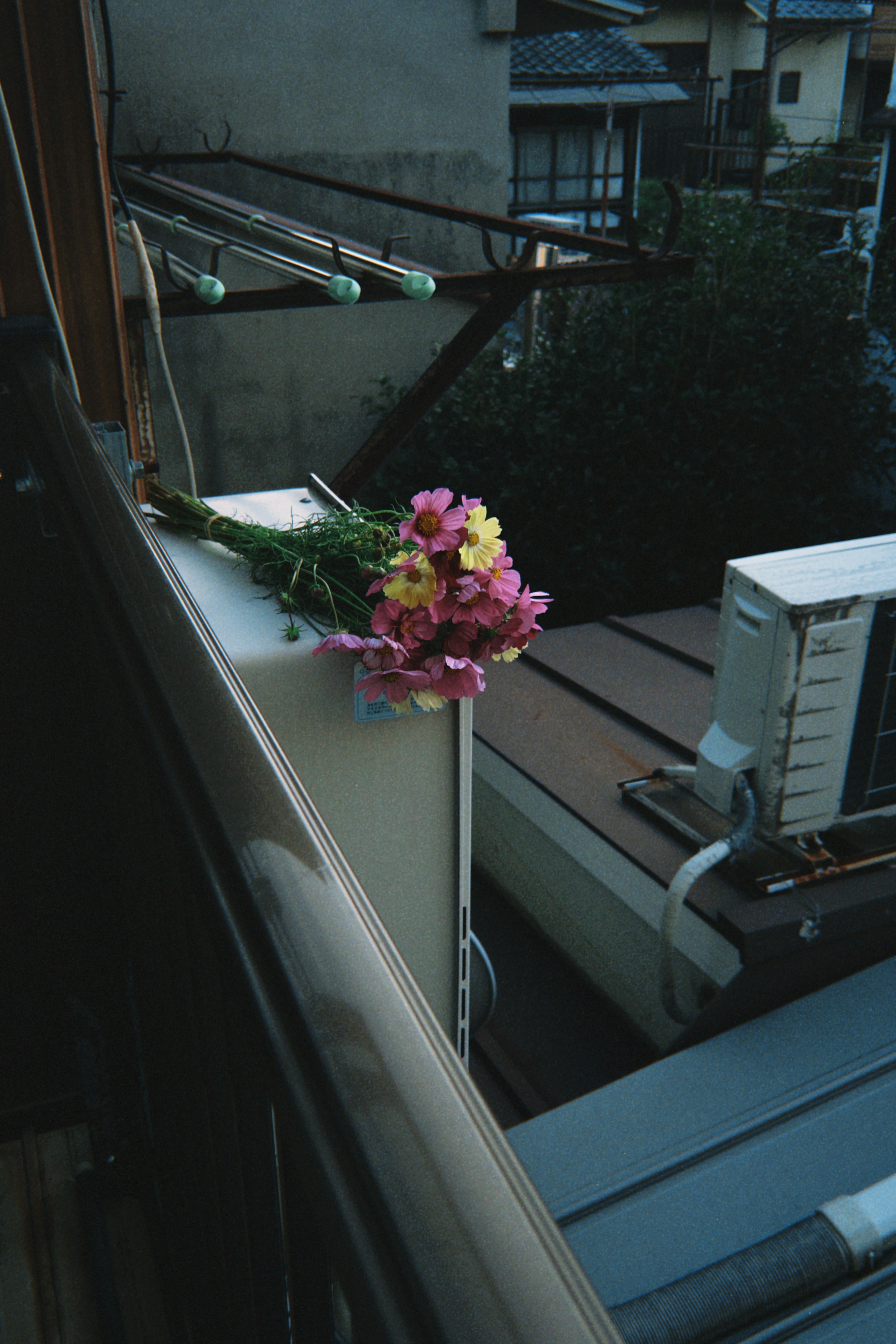 Bouquet colorato appoggiato sulla ringhiera di un balcone con edifici circostanti