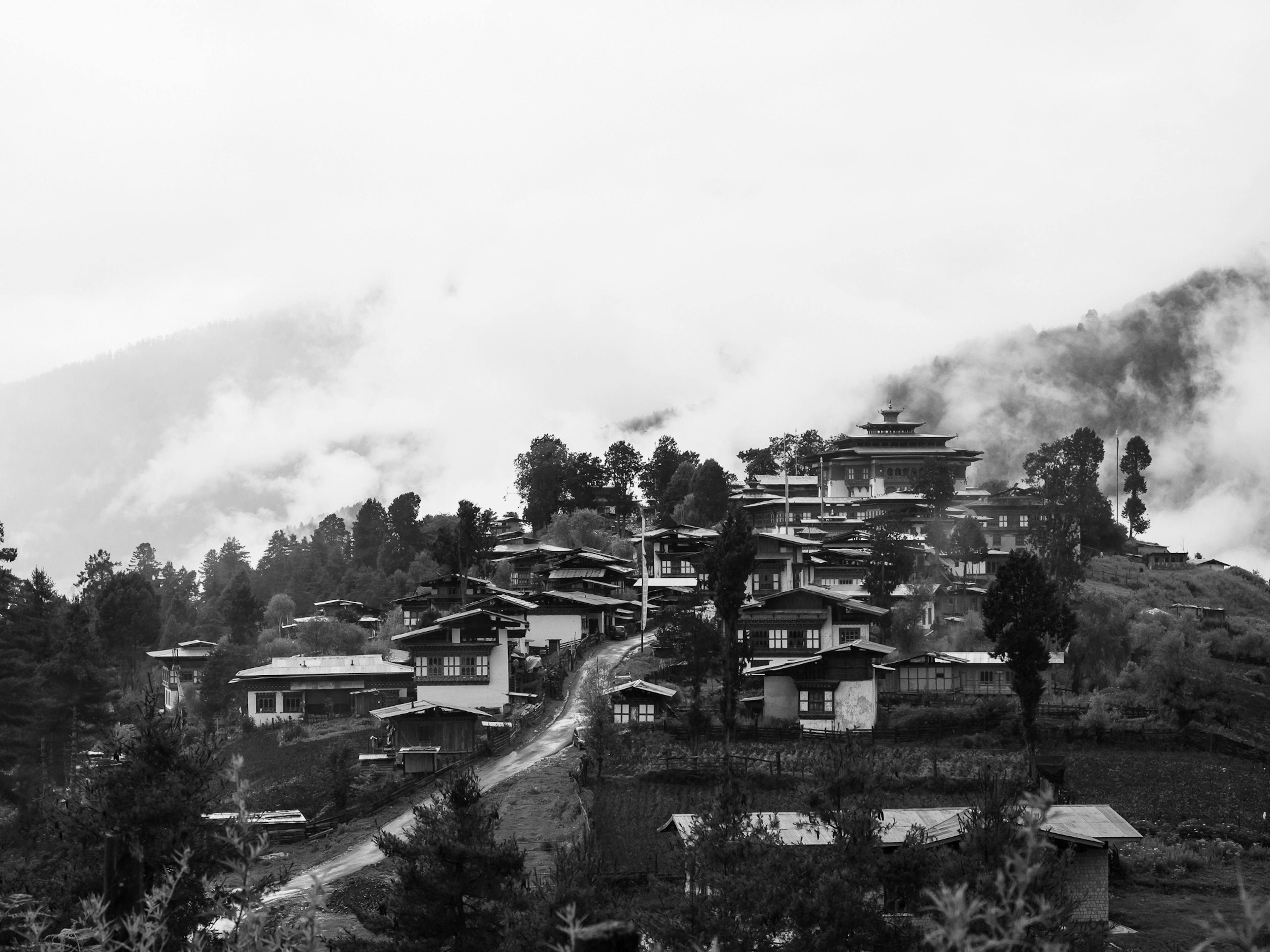 被雾气笼罩的村庄与周围山脉的风景