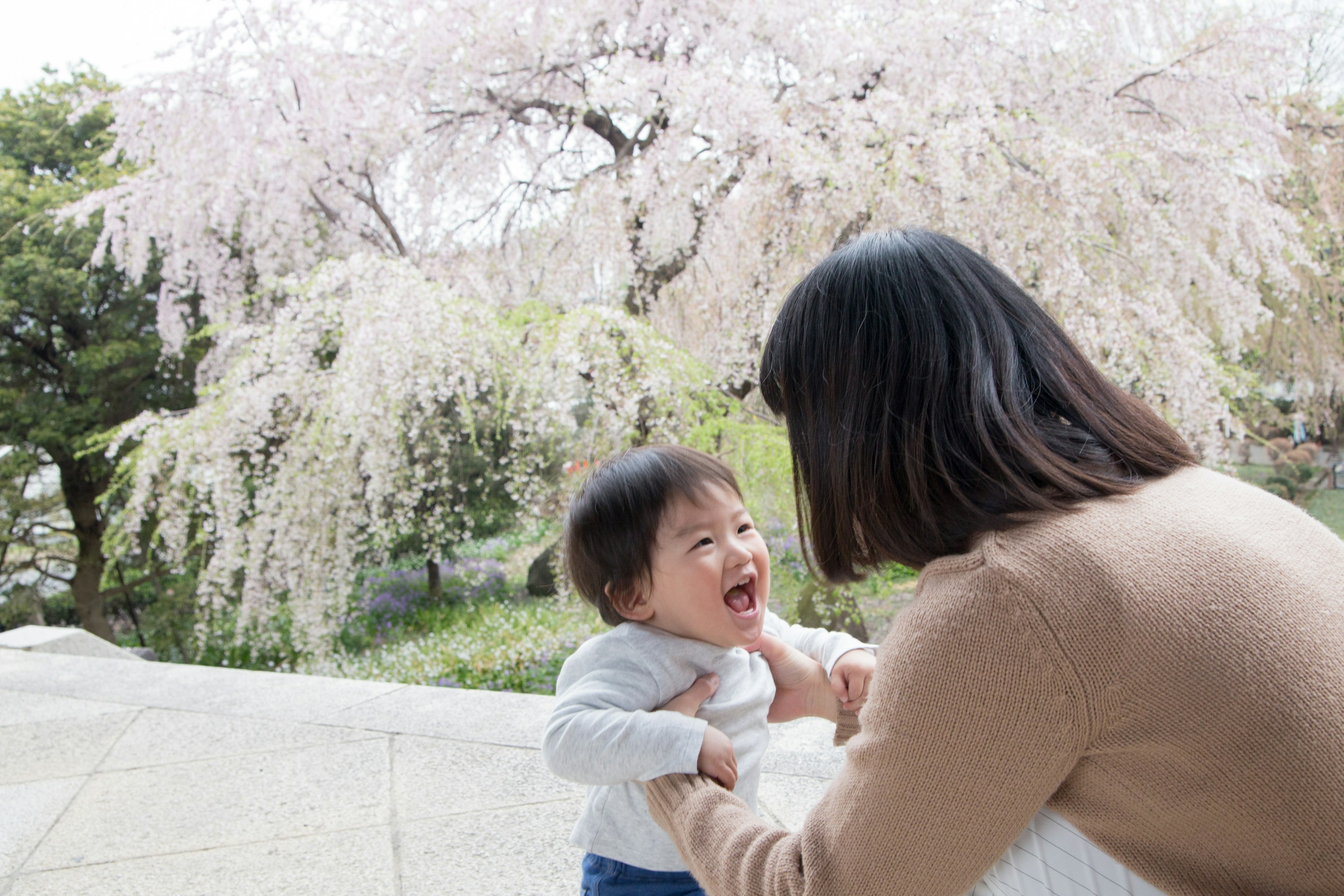 A mother and smiling child playing under a cherry blossom tree