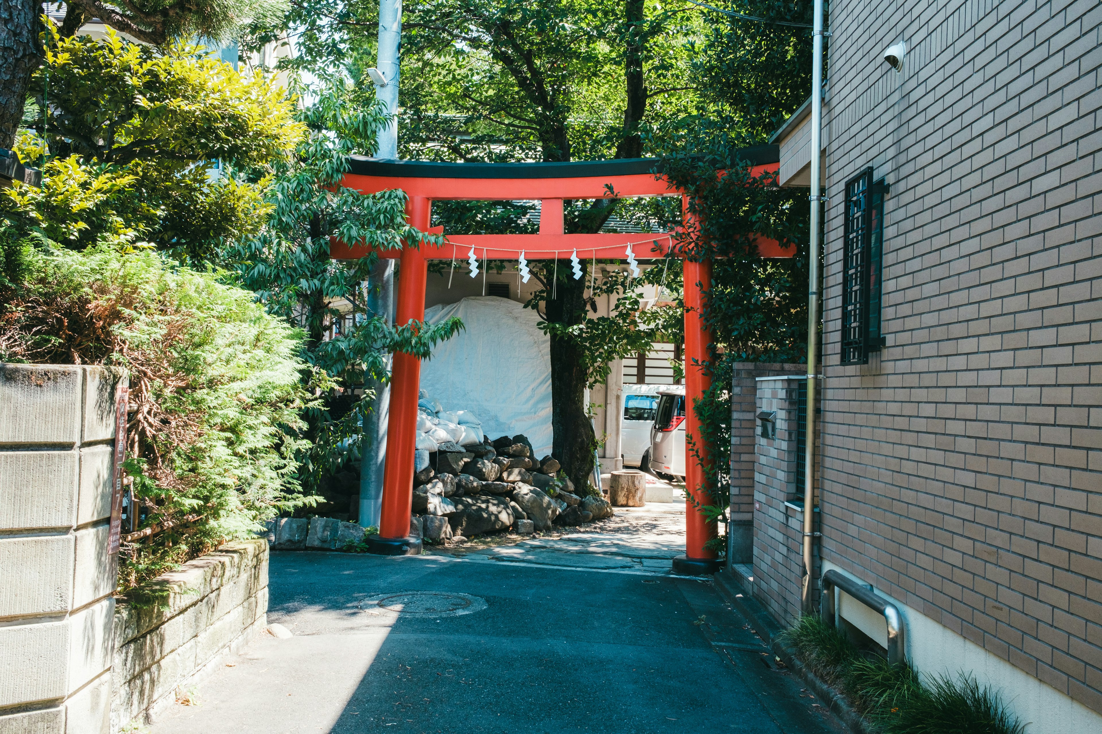 Portail torii rouge entouré d'arbres verts dans une ruelle tranquille