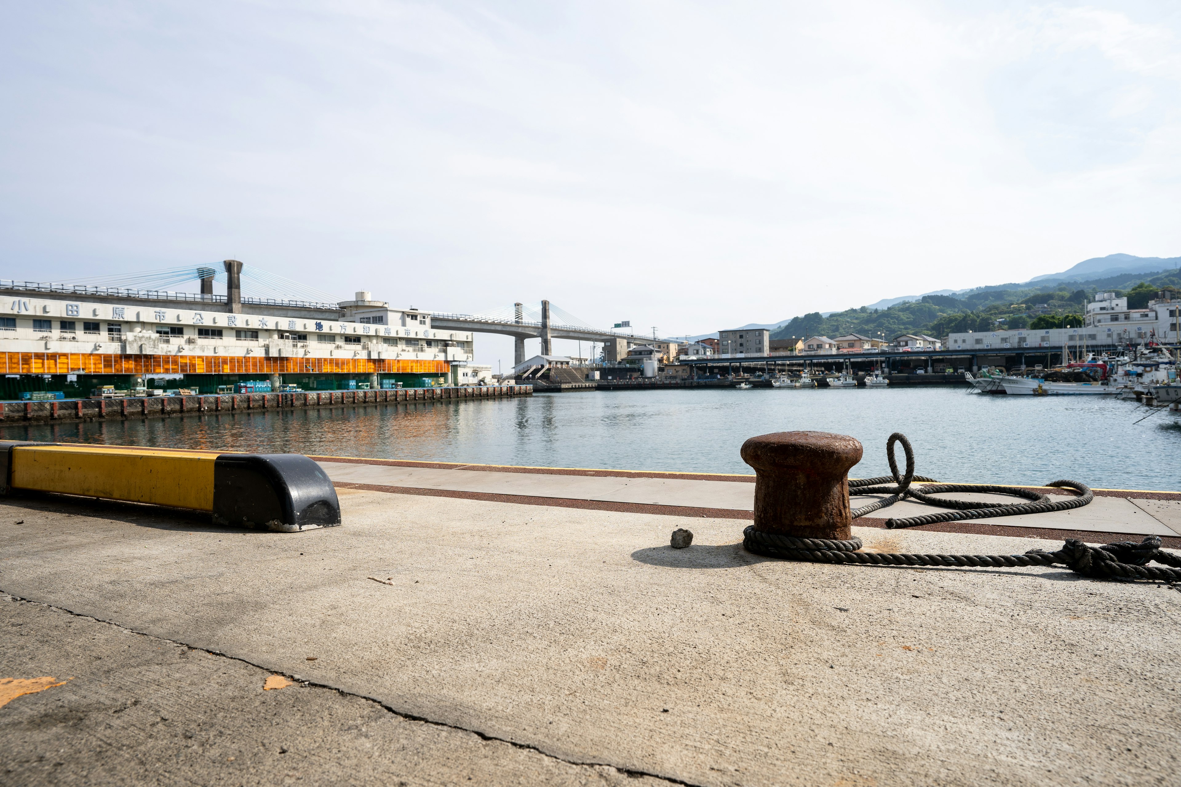 Harbor scene featuring boats and mooring equipment