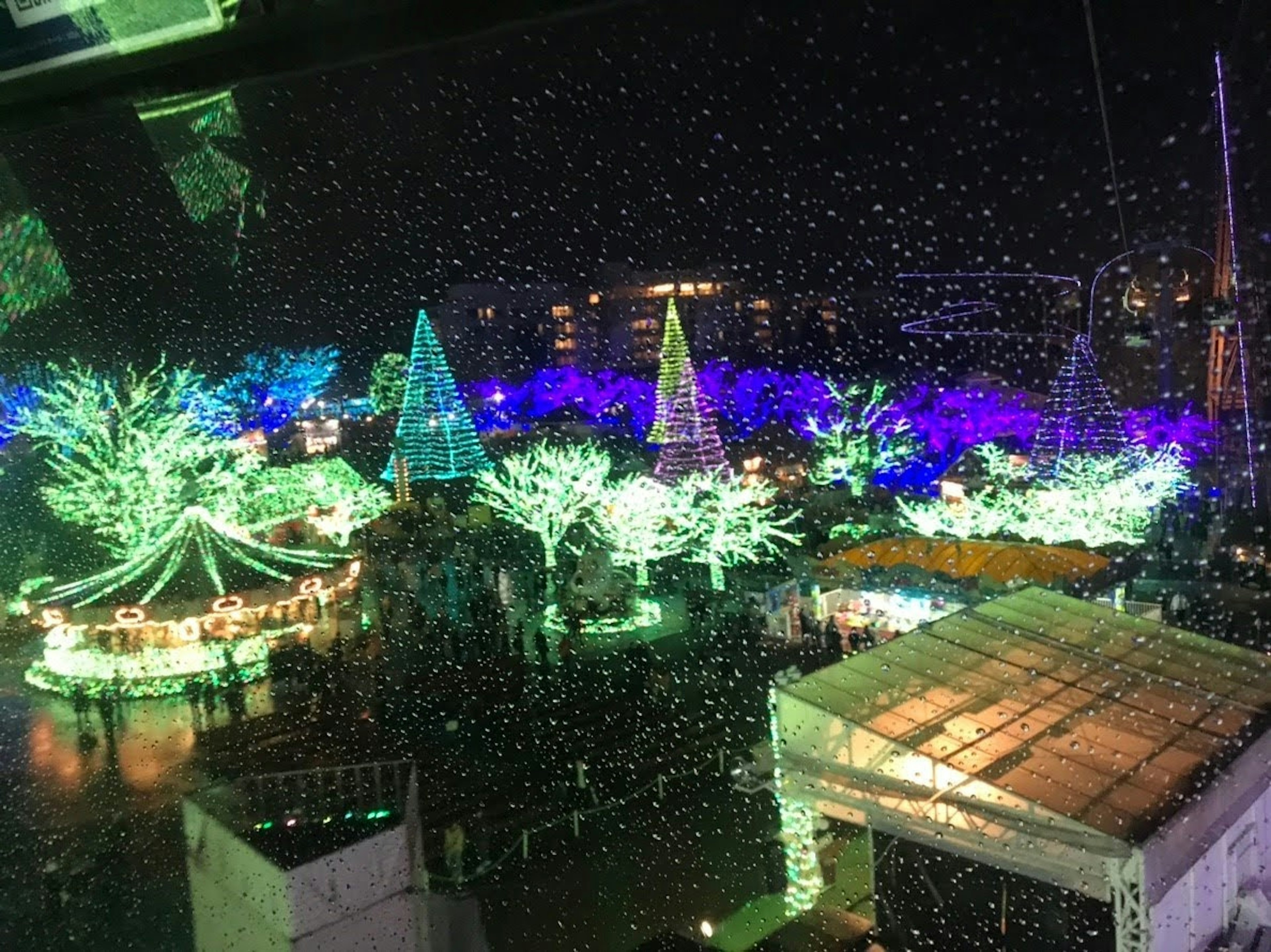 Paesaggio invernale colorato adornato di luci Vari alberi di Natale e giostre sono visibili