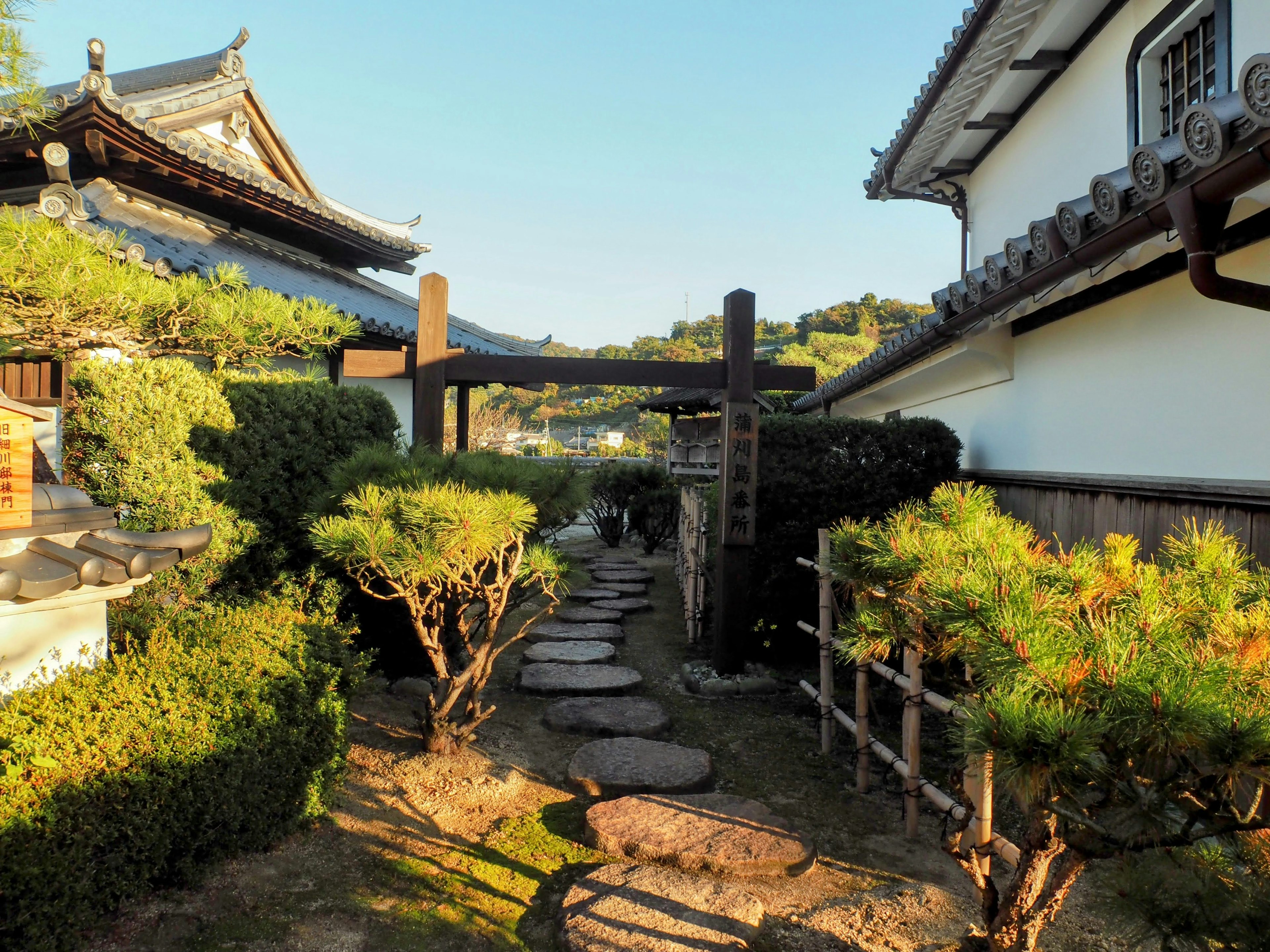 Serene Japanese garden path with traditional buildings