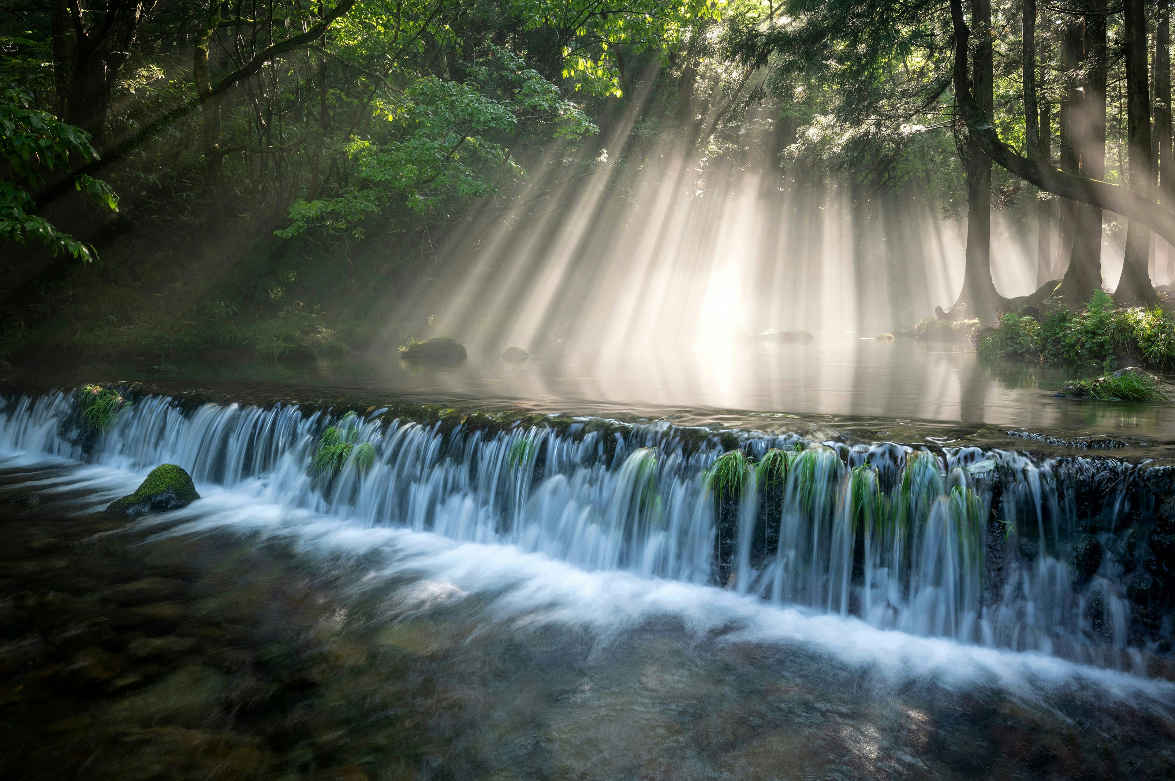 Eine ruhige Landschaft mit einem Wasserfall in einem Wald und Morgenlicht, das hindurchströmt