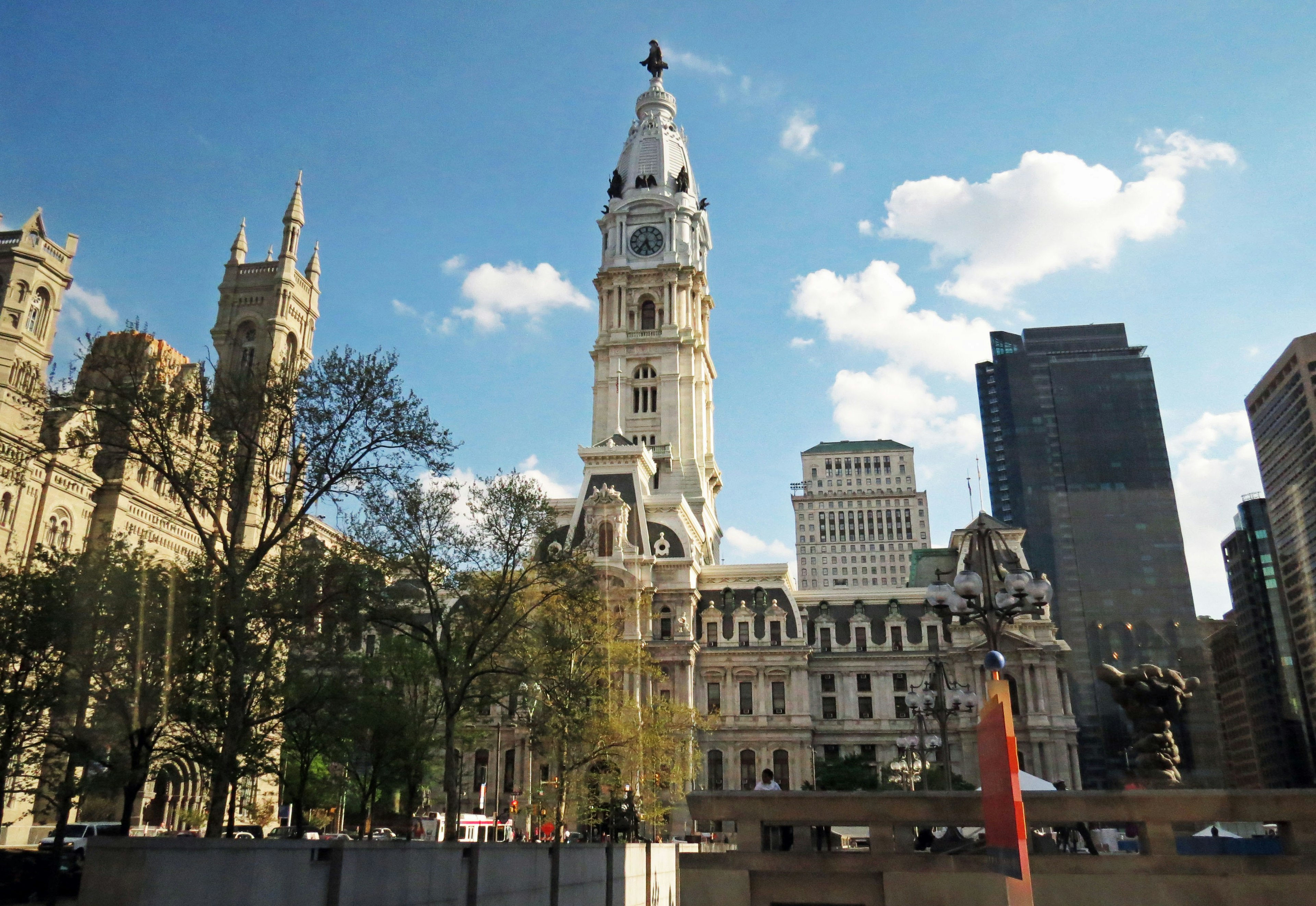 View of Philadelphia's City Hall tower and historic buildings