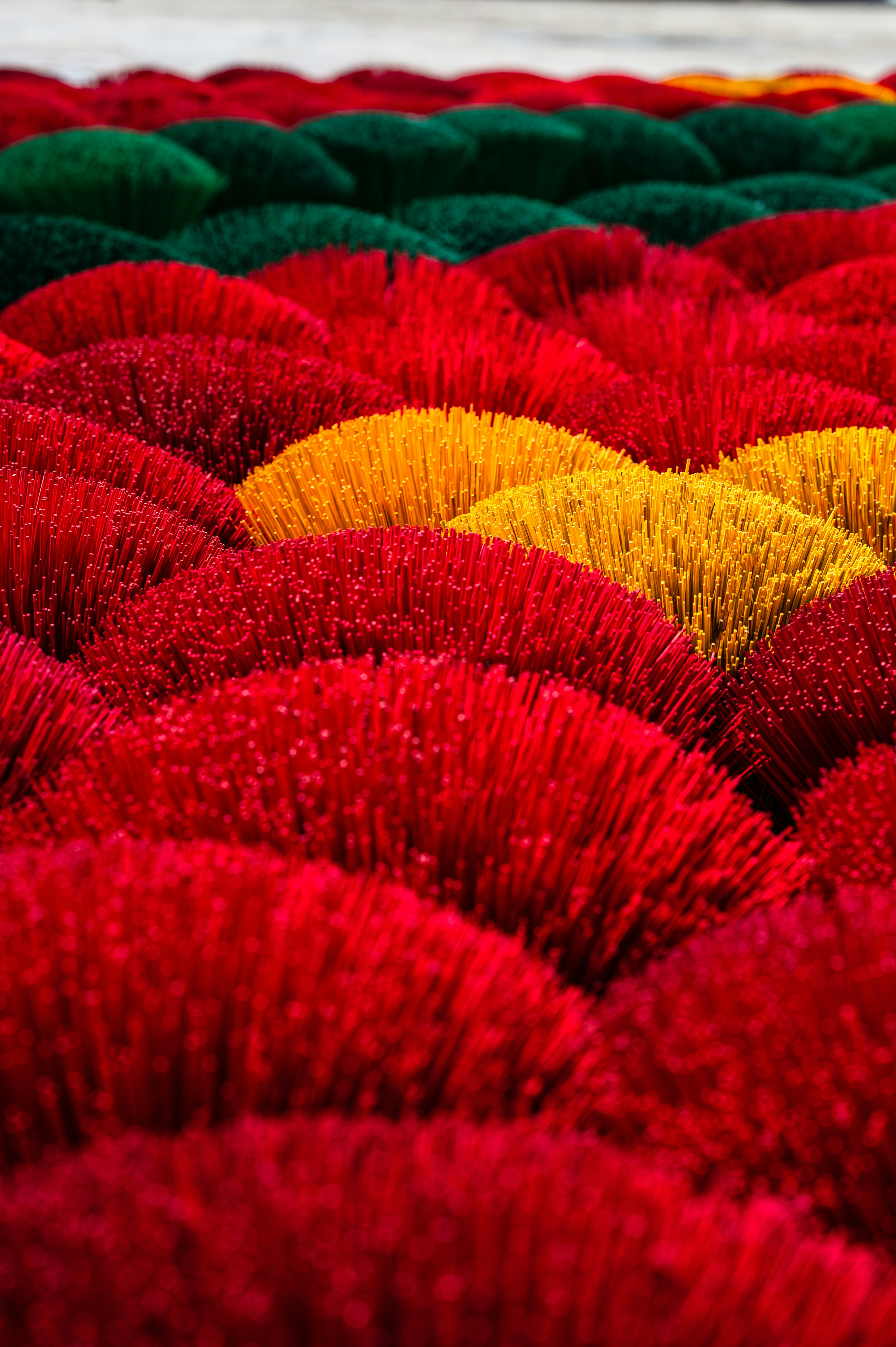 Vibrant landscape of red, green, and yellow incense sticks arranged in circular patterns