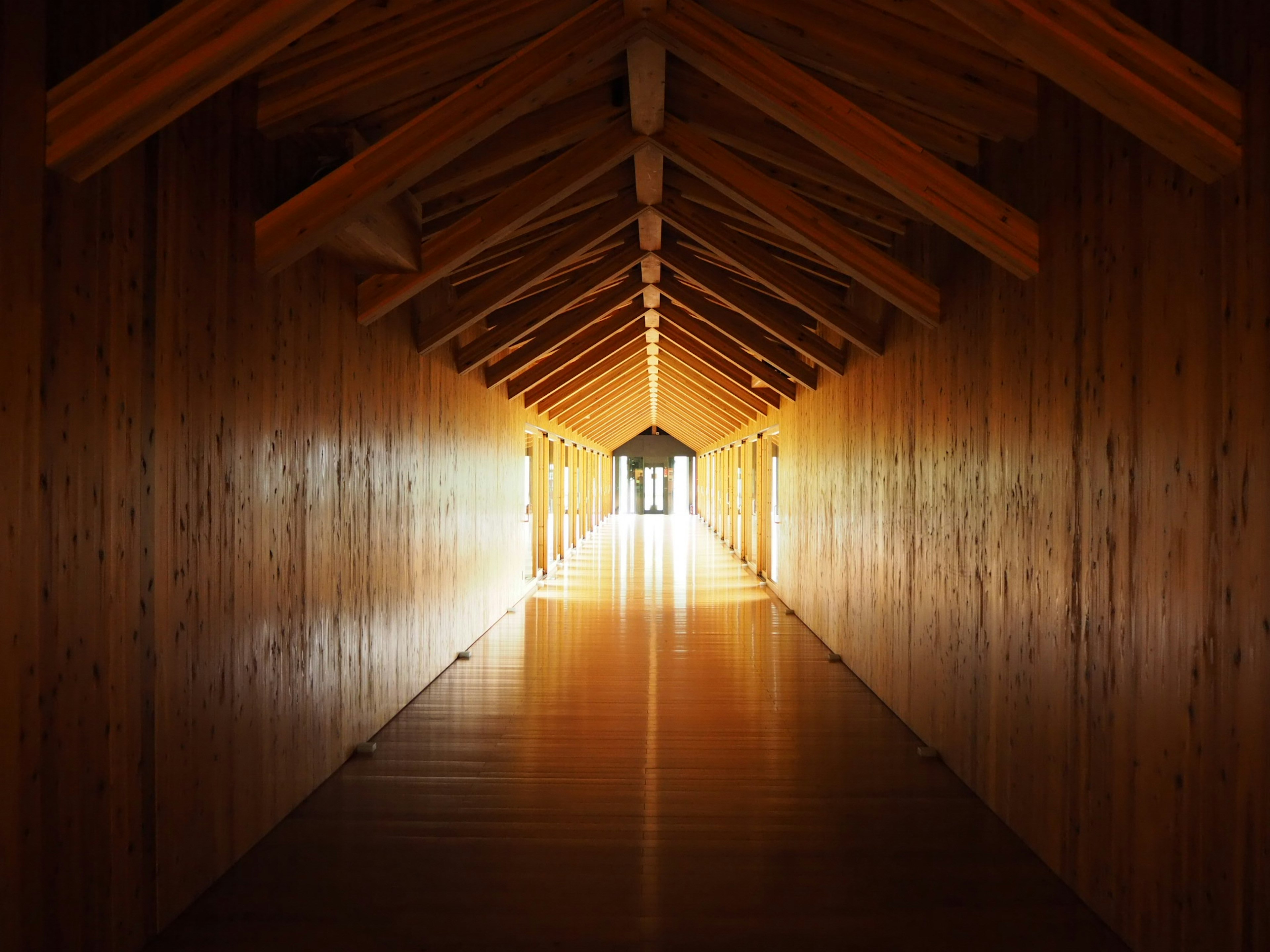 Interior of a wooden hallway with bright light coming through