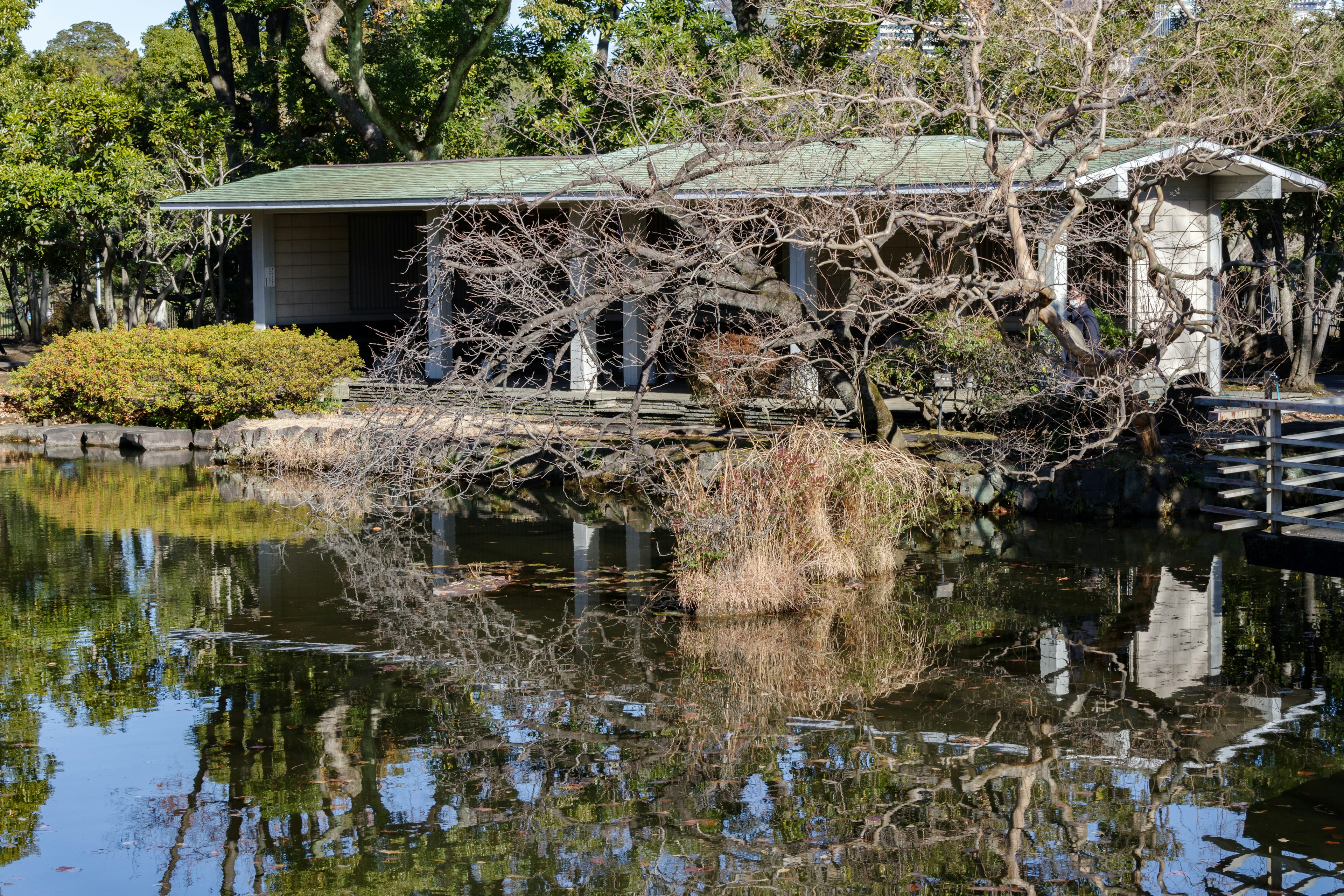 Maison au bord de l'étang avec reflet