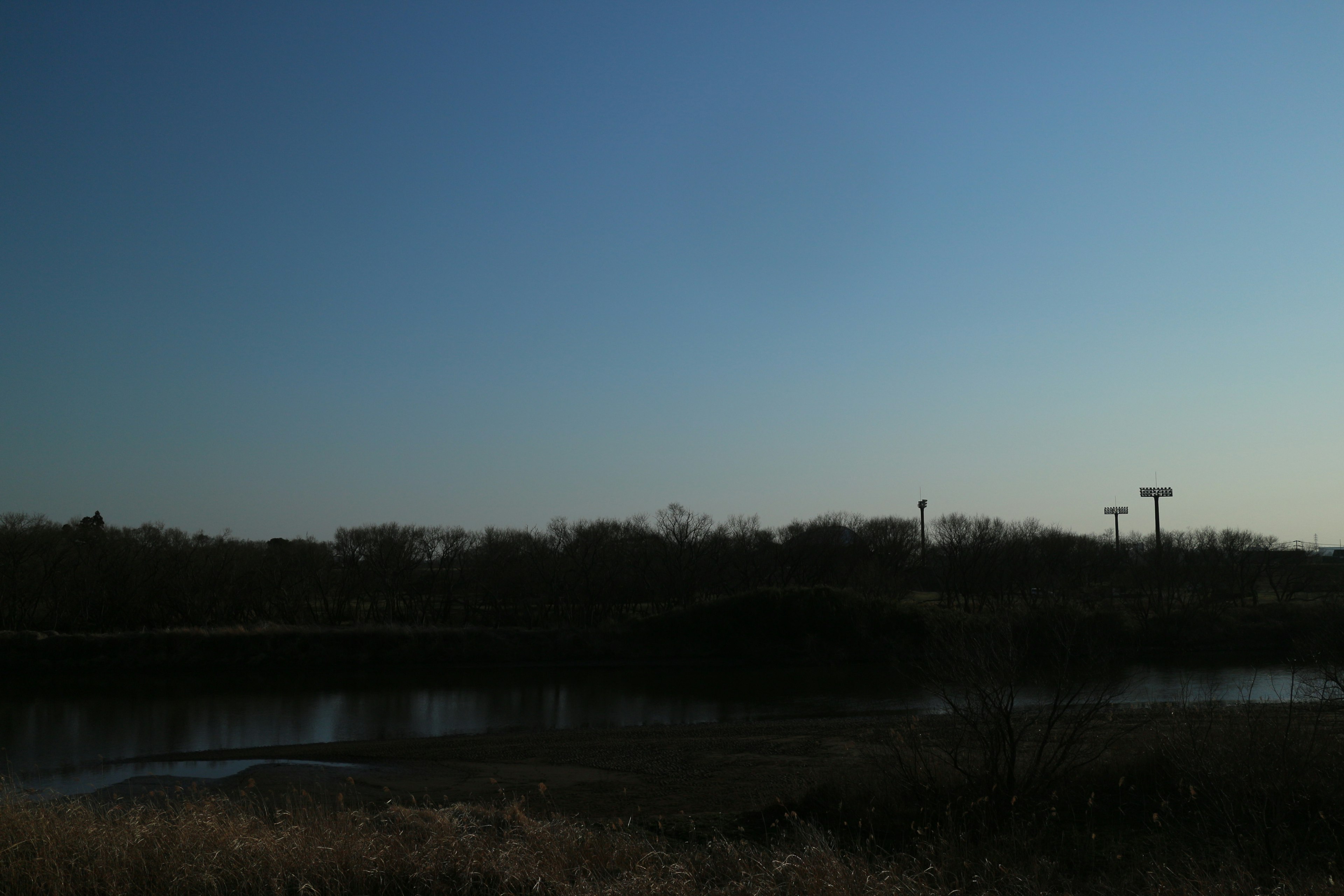 Un paysage serein avec un ciel bleu et une rivière calme avec des silhouettes d'herbe et d'arbres