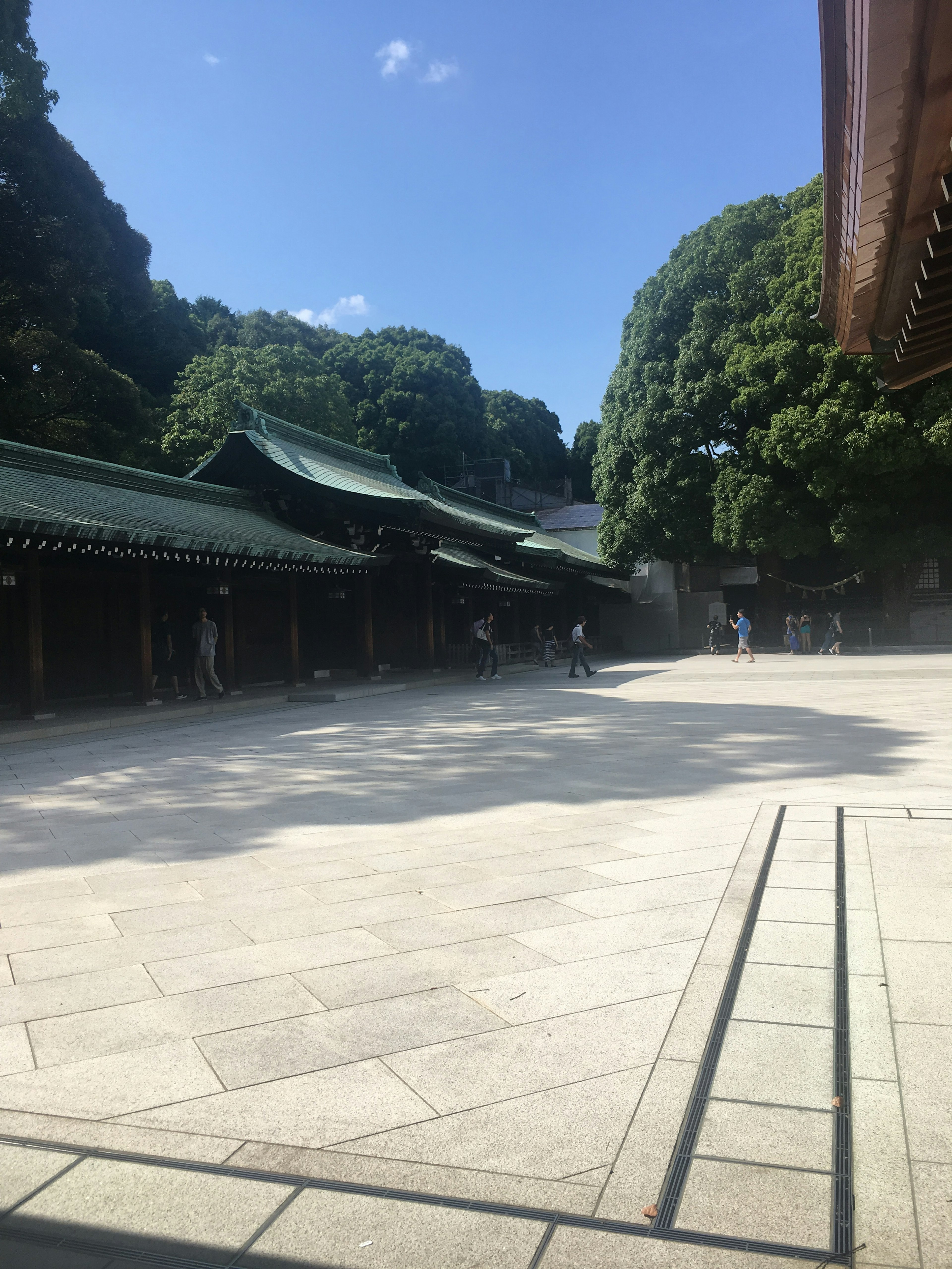 A serene courtyard with traditional shrine buildings surrounded by lush greenery