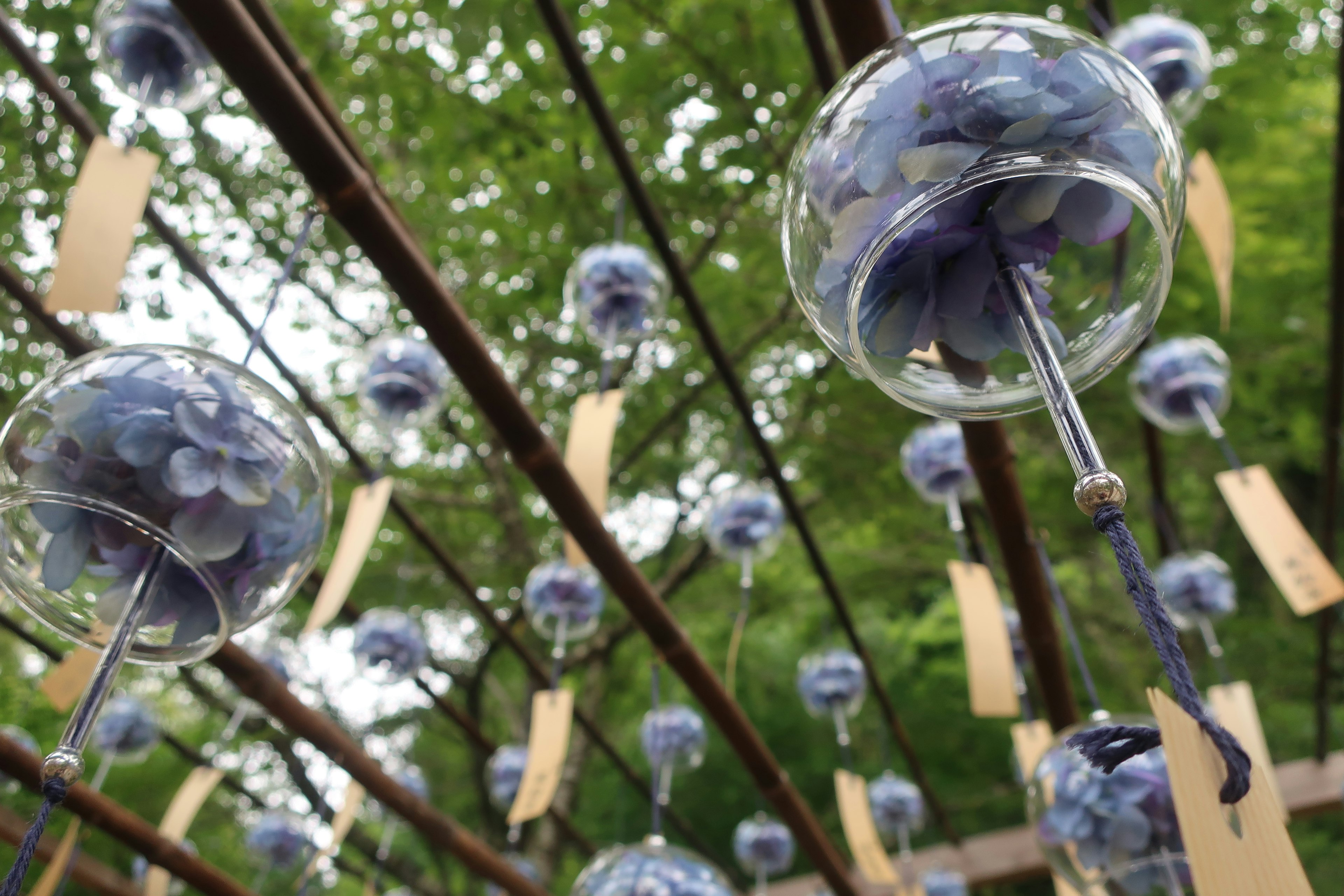 Schöne Szene mit hängenden Windspielen, die blaue Blumen enthalten