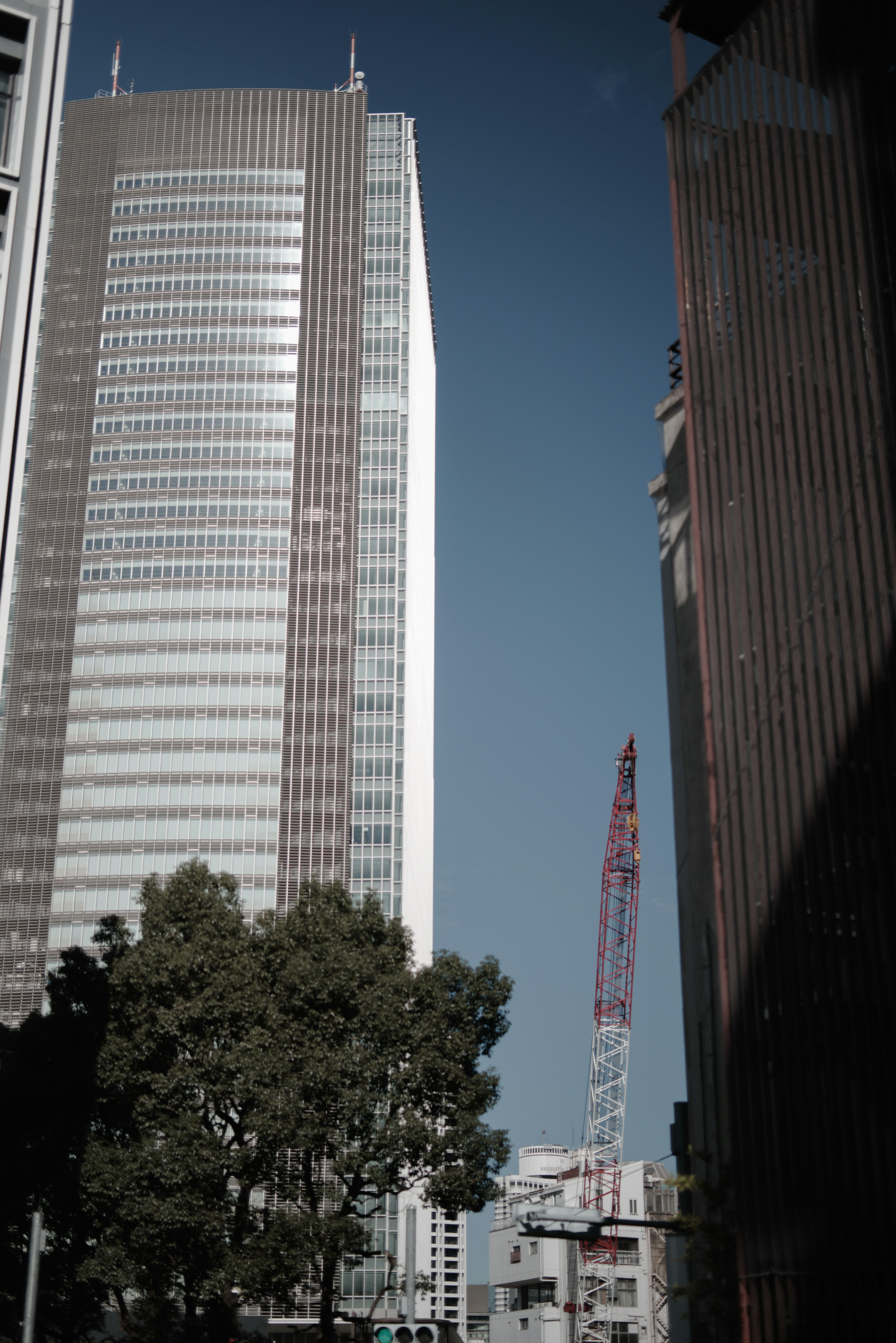 高層ビルとクレーンが見える都市の風景