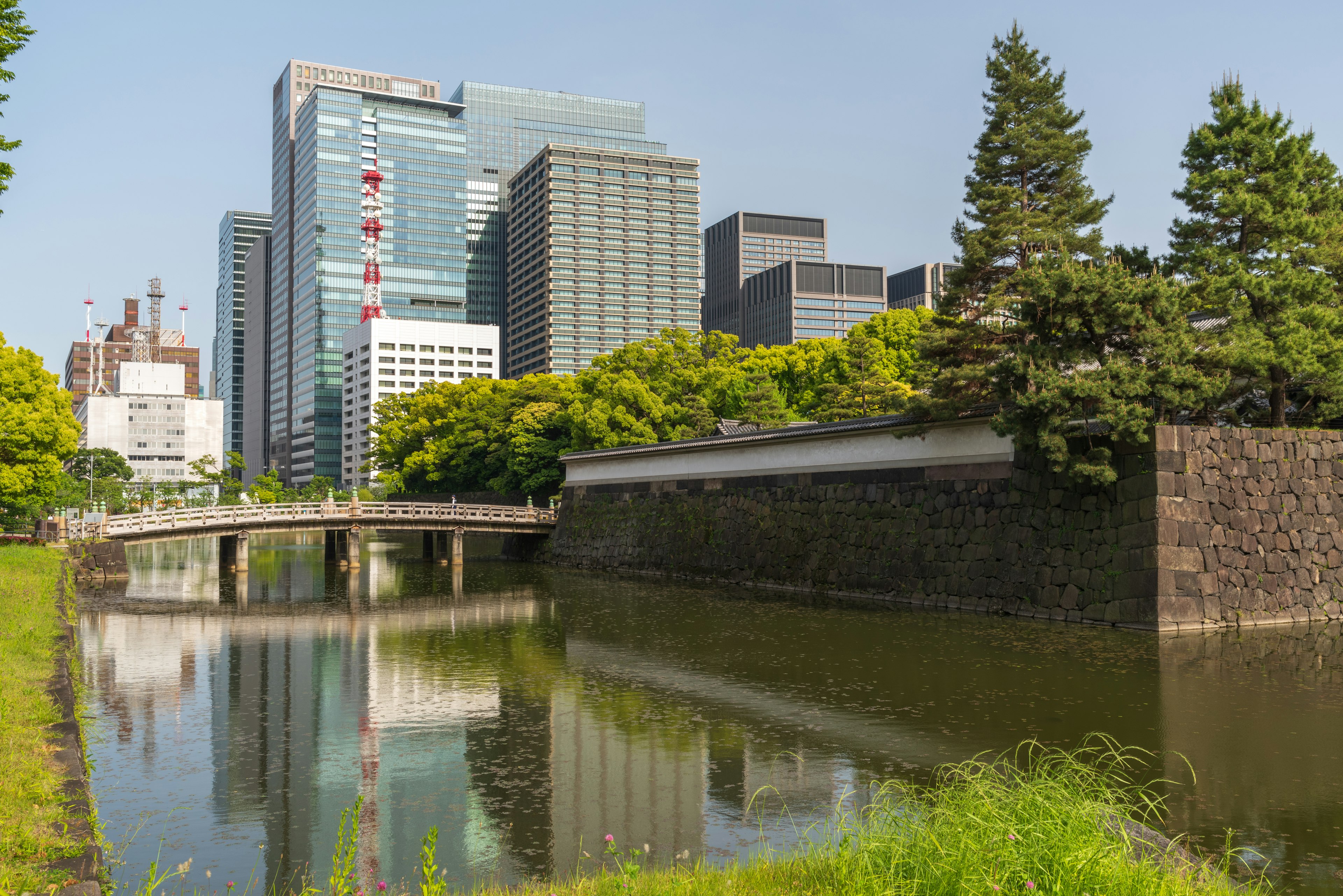 Pemandangan kota Tokyo dengan gedung pencakar langit dan taman hijau dengan jembatan yang memantul di air