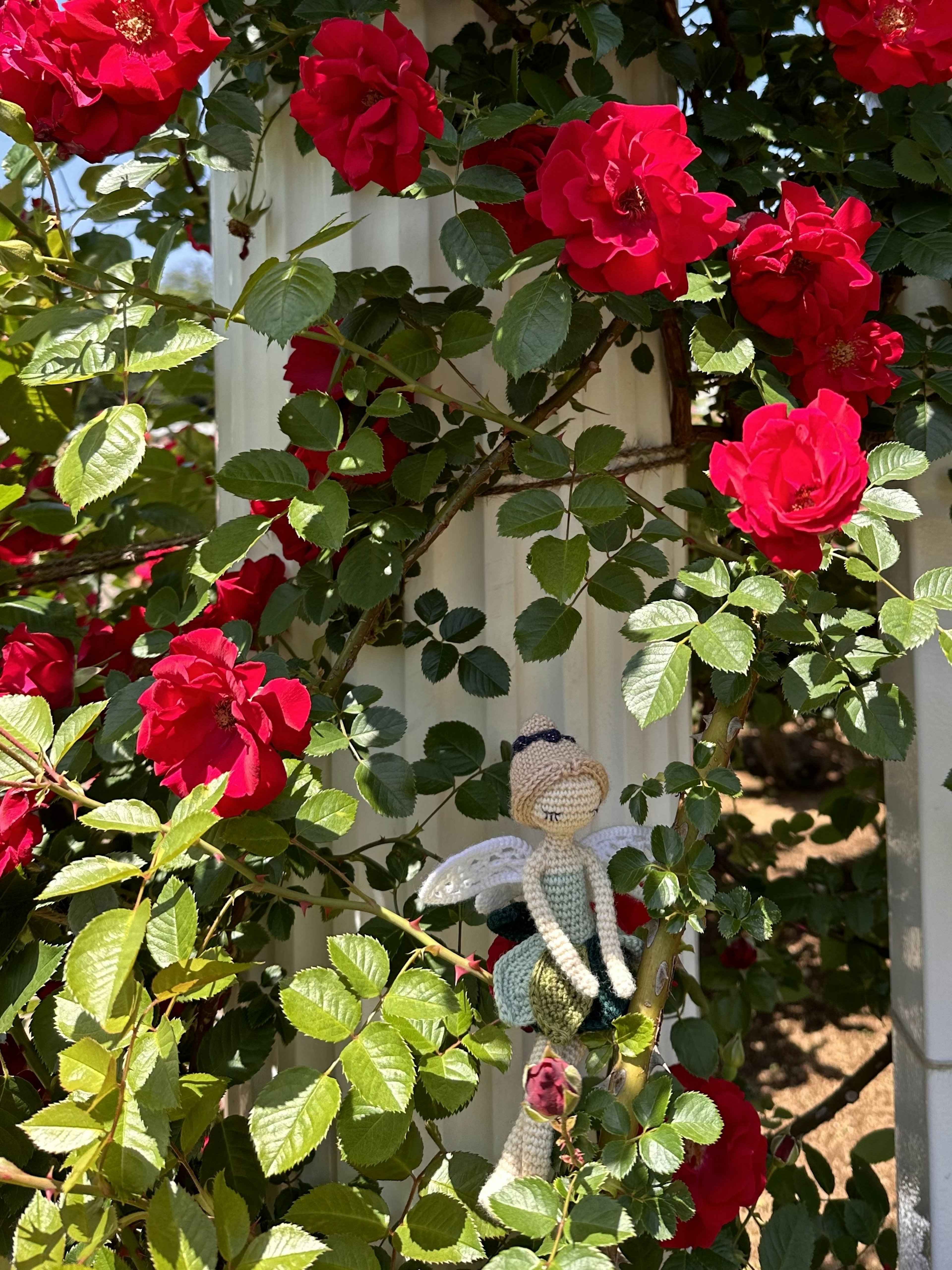 Una pequeña muñeca de hada rodeada de vibrantes rosas rojas