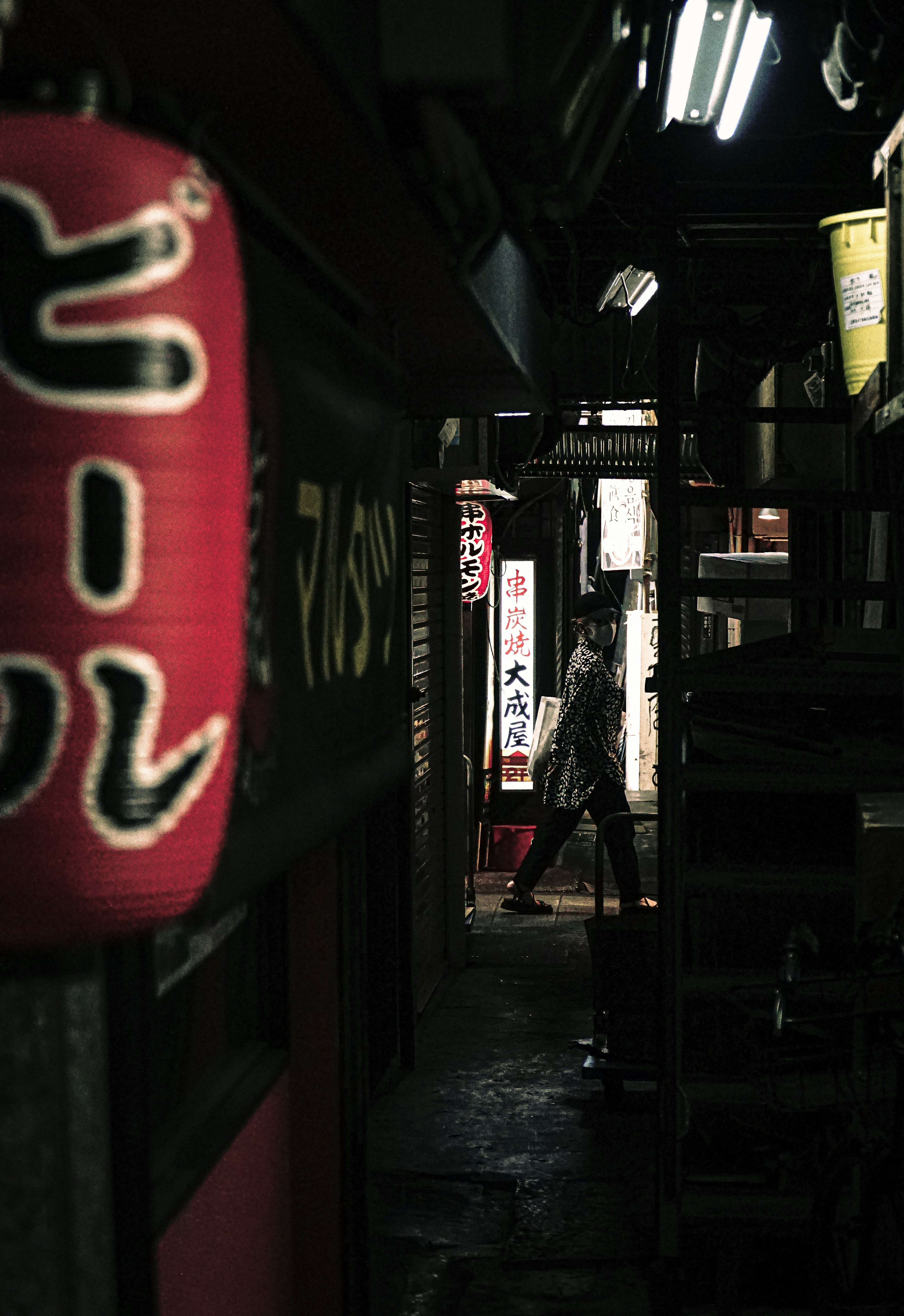 Narrow alley featuring red lantern and signs in a nighttime urban setting