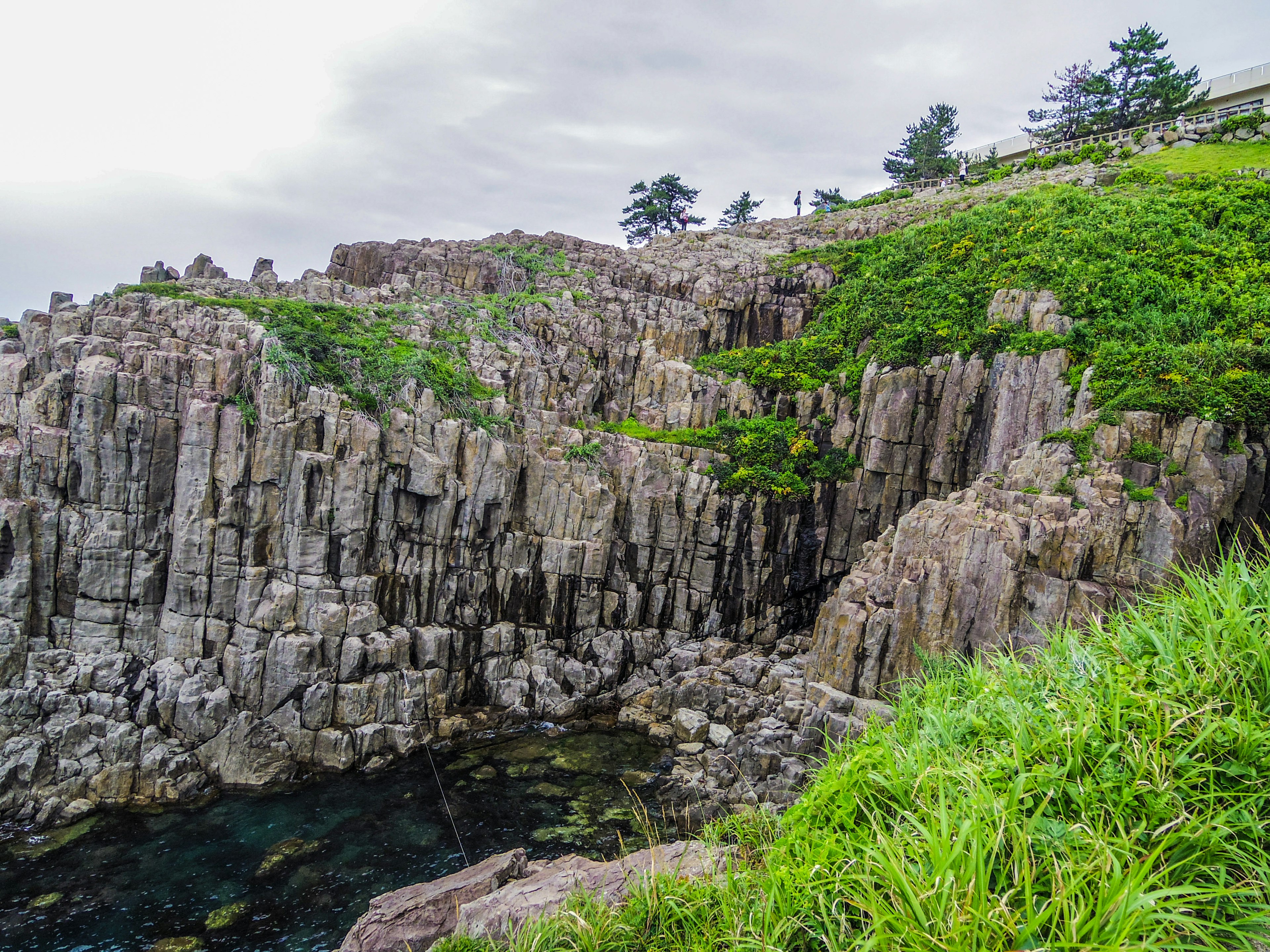 Scogliera rocciosa circondata da erba verde e vista sull'oceano