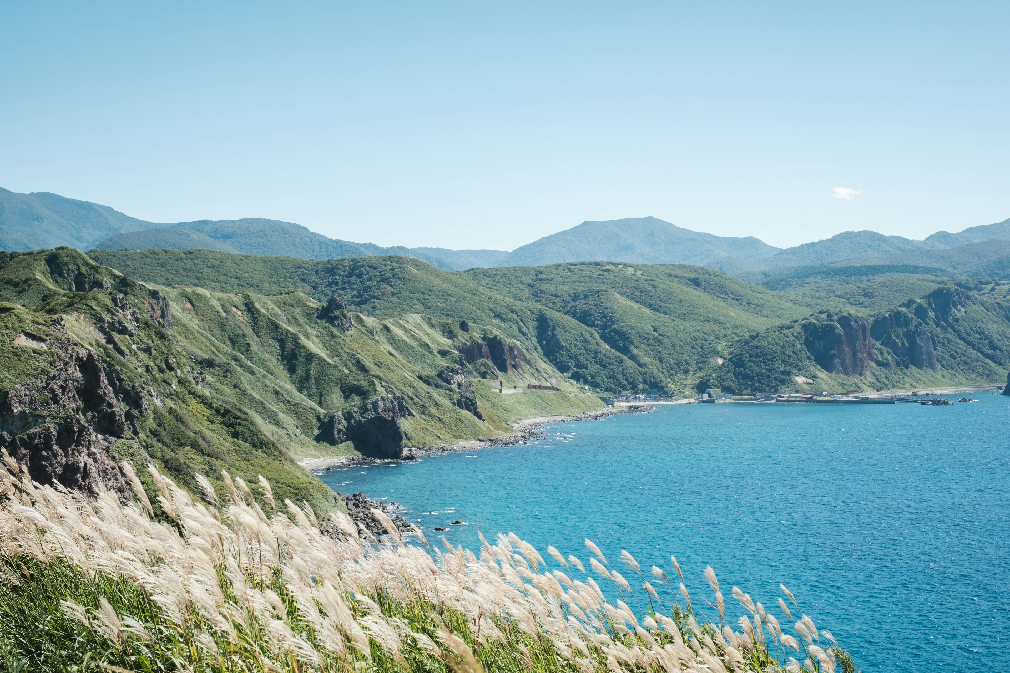 青い海と緑の山々が広がる風景の画像