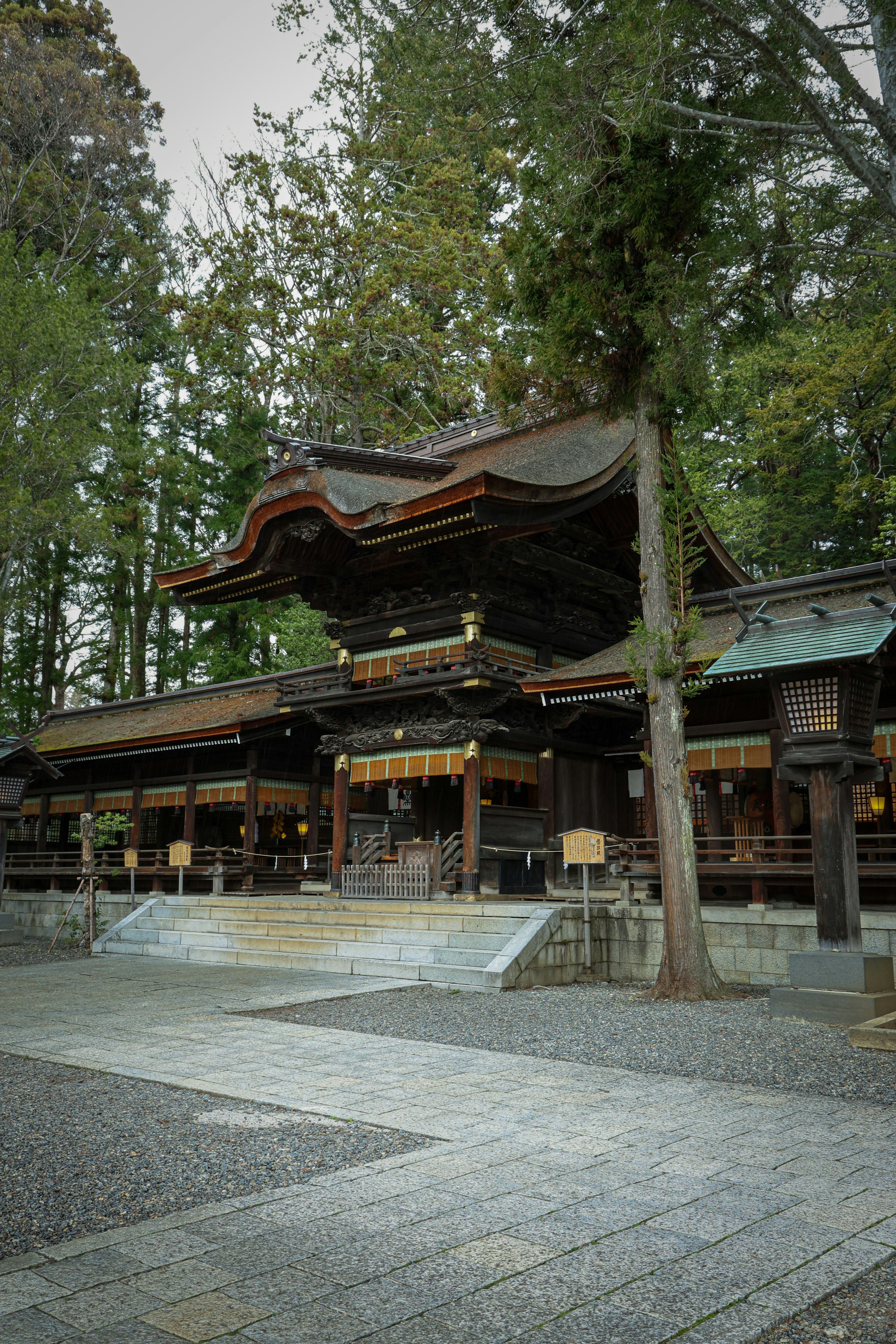 緑に囲まれた伝統的な神社の建物と石の階段