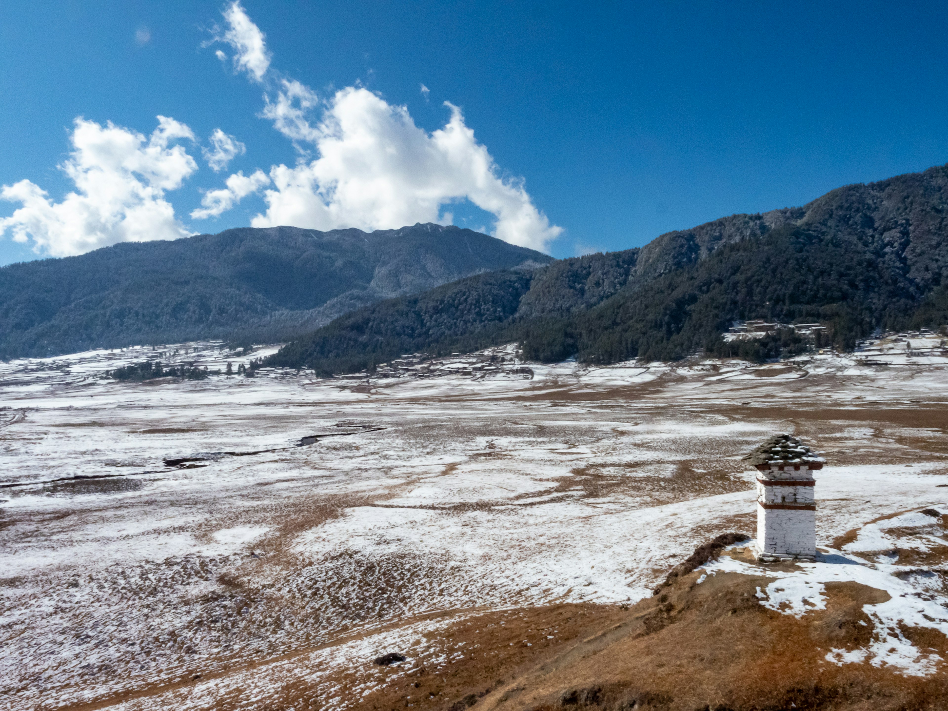 雪に覆われた広大な草原と山々の風景に立つ白い塔