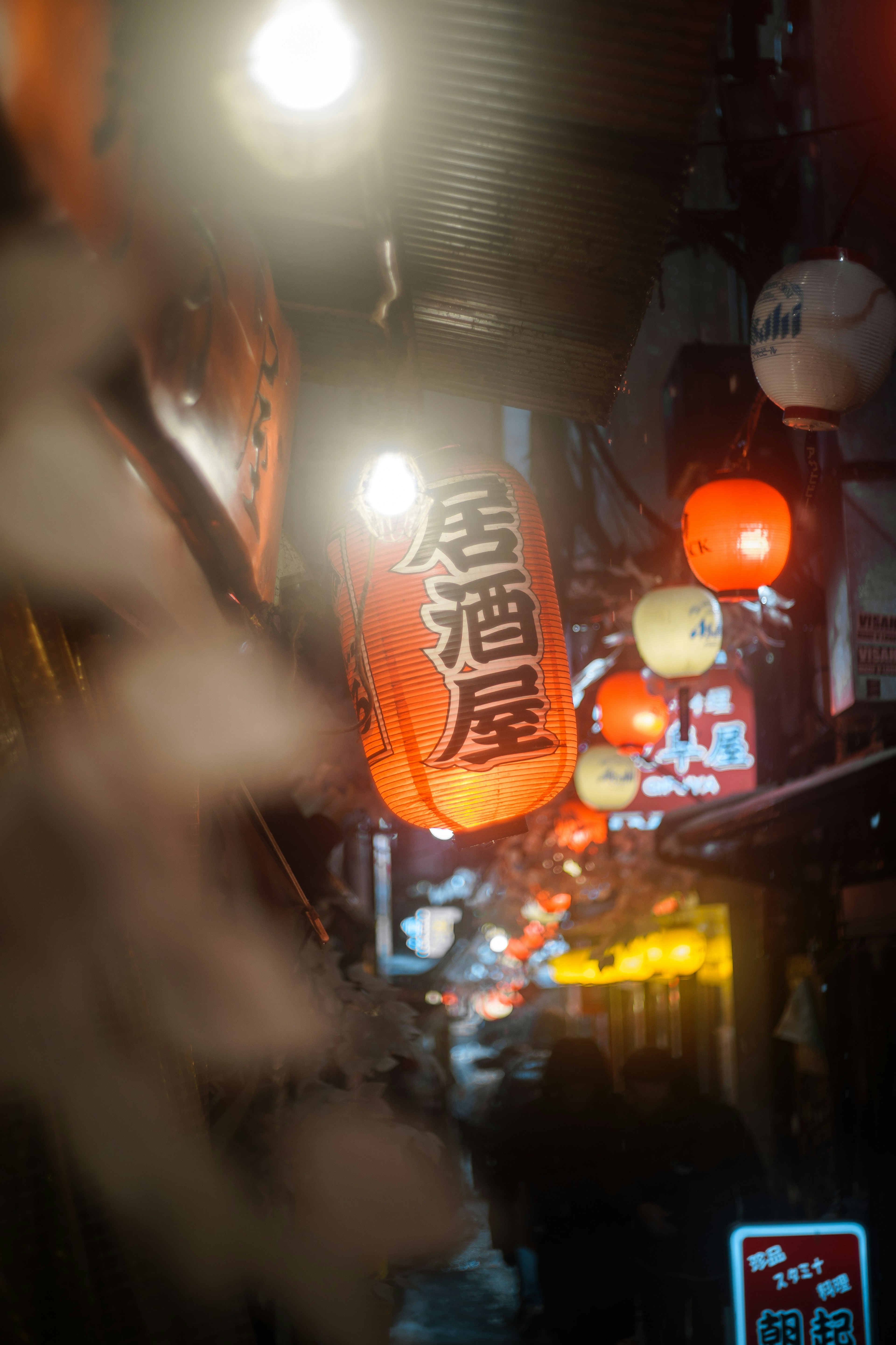 狭窄巷道的夜景，灯笼和霓虹灯