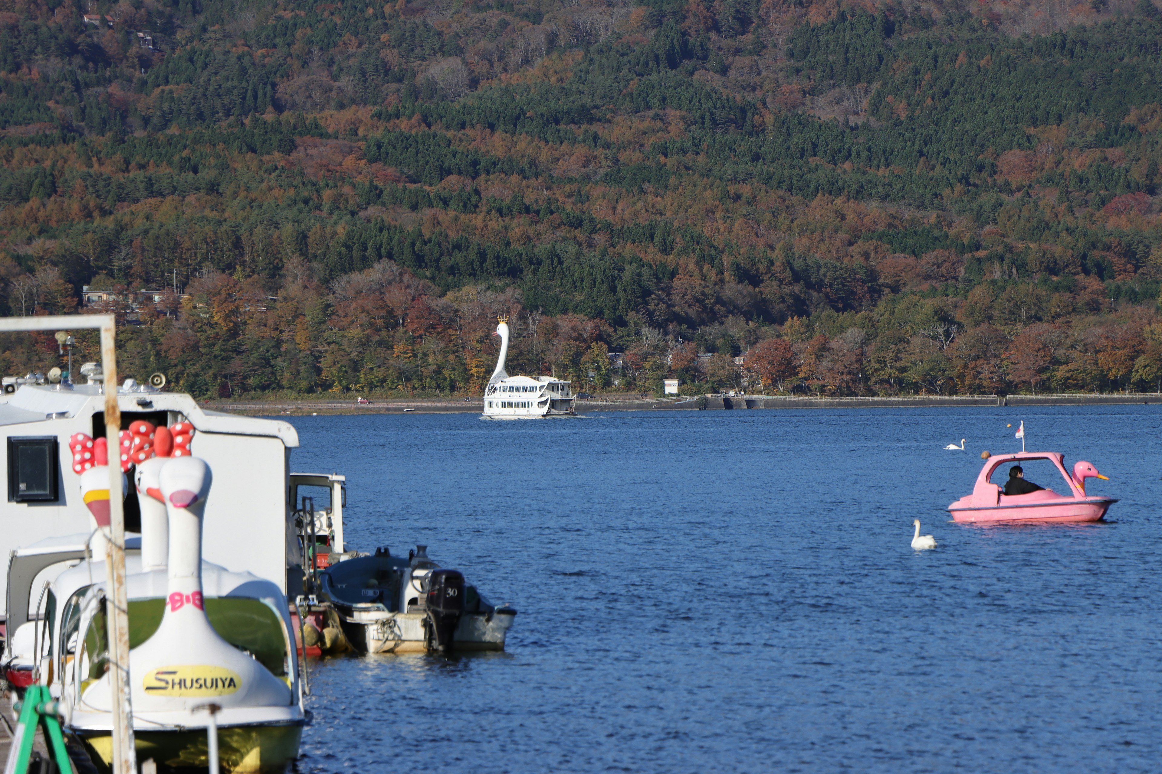 Schwanförmiges Boot und pinkes Boot auf einem See umgeben von bunten Bergen