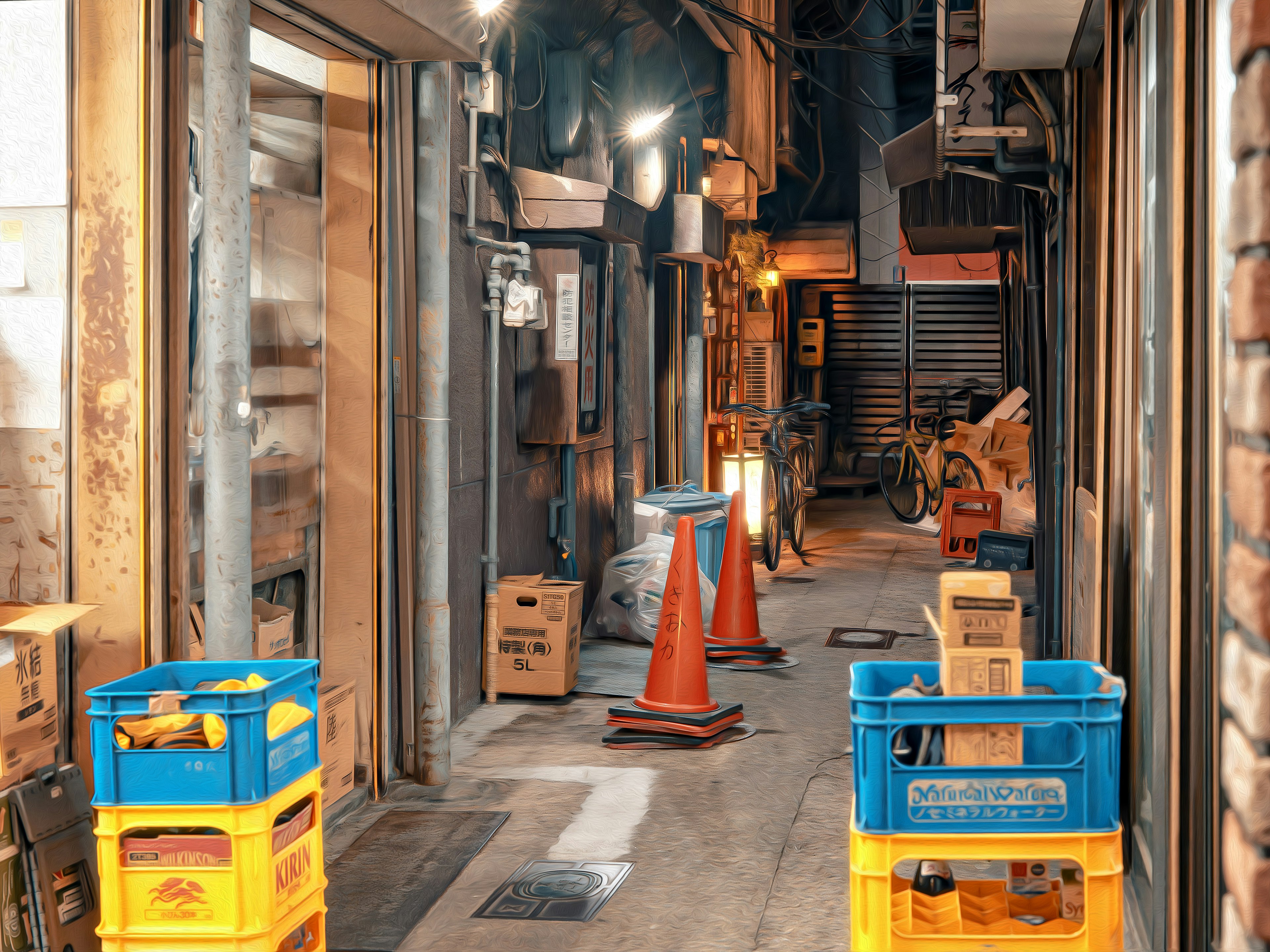 Lorong sempit dengan kotak plastik biru dan kuning serta kerucut oranye