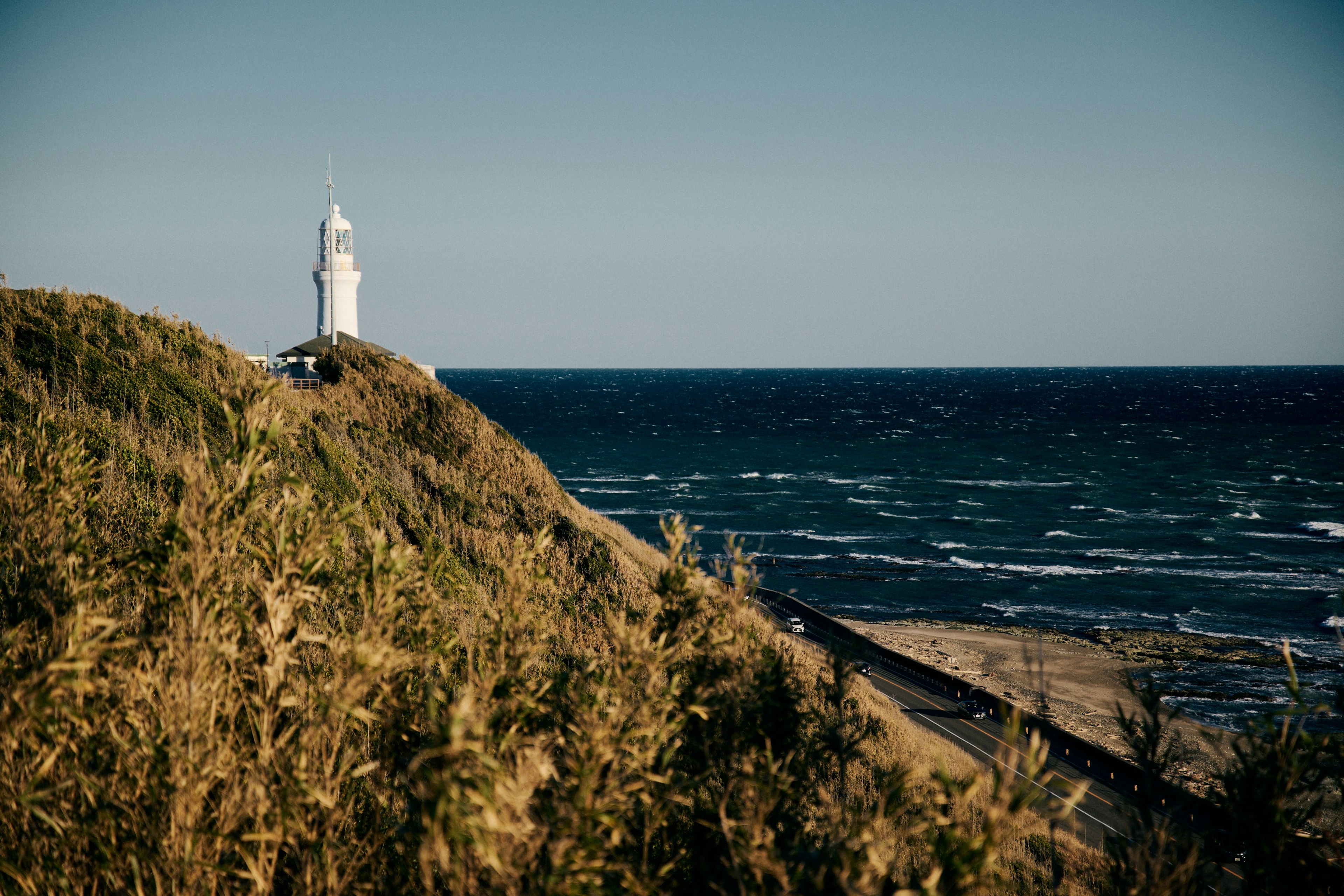 Faro costiero con terreno erboso e vista sull'oceano