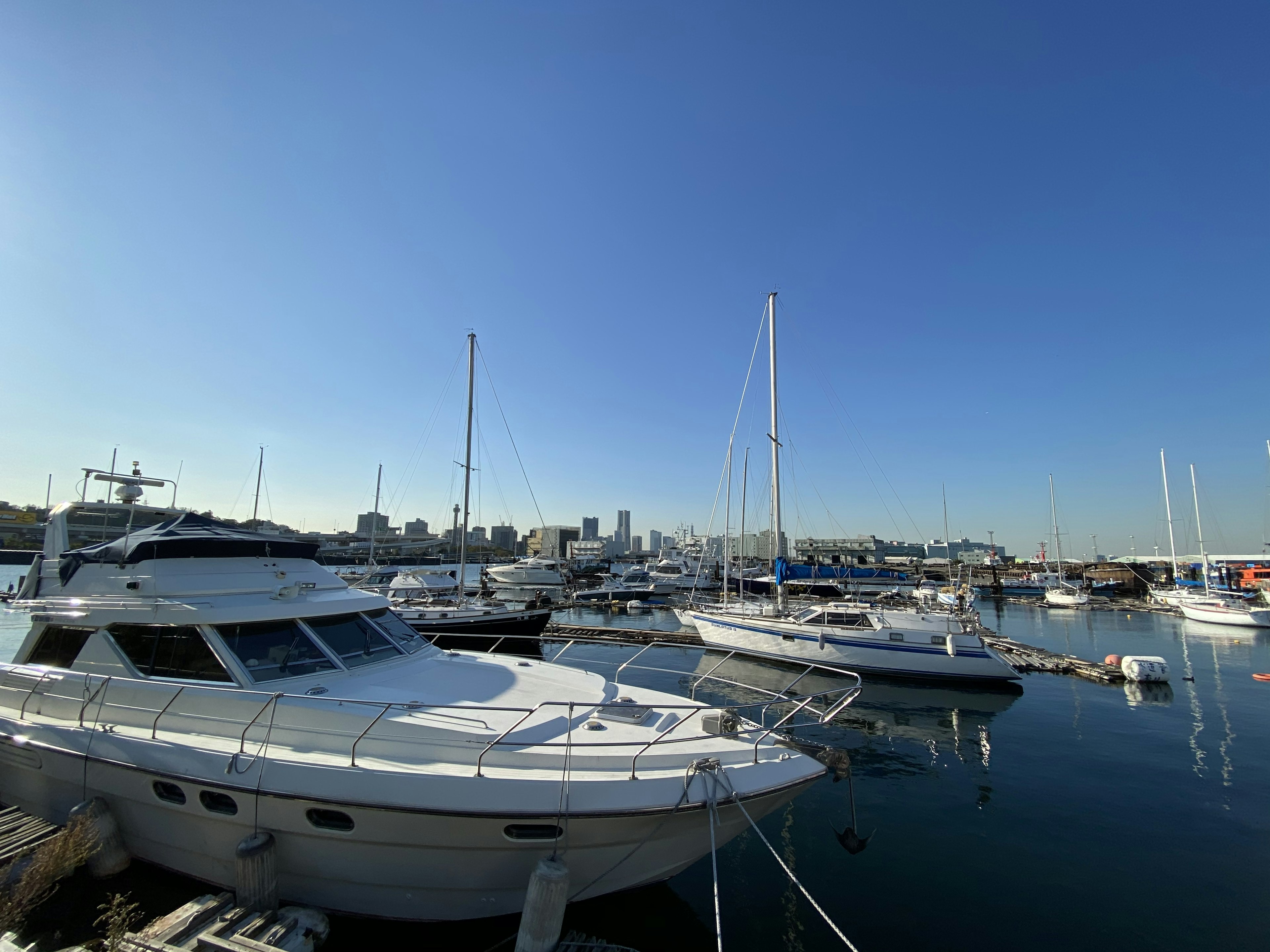 Multiple boats and yachts docked under a blue sky