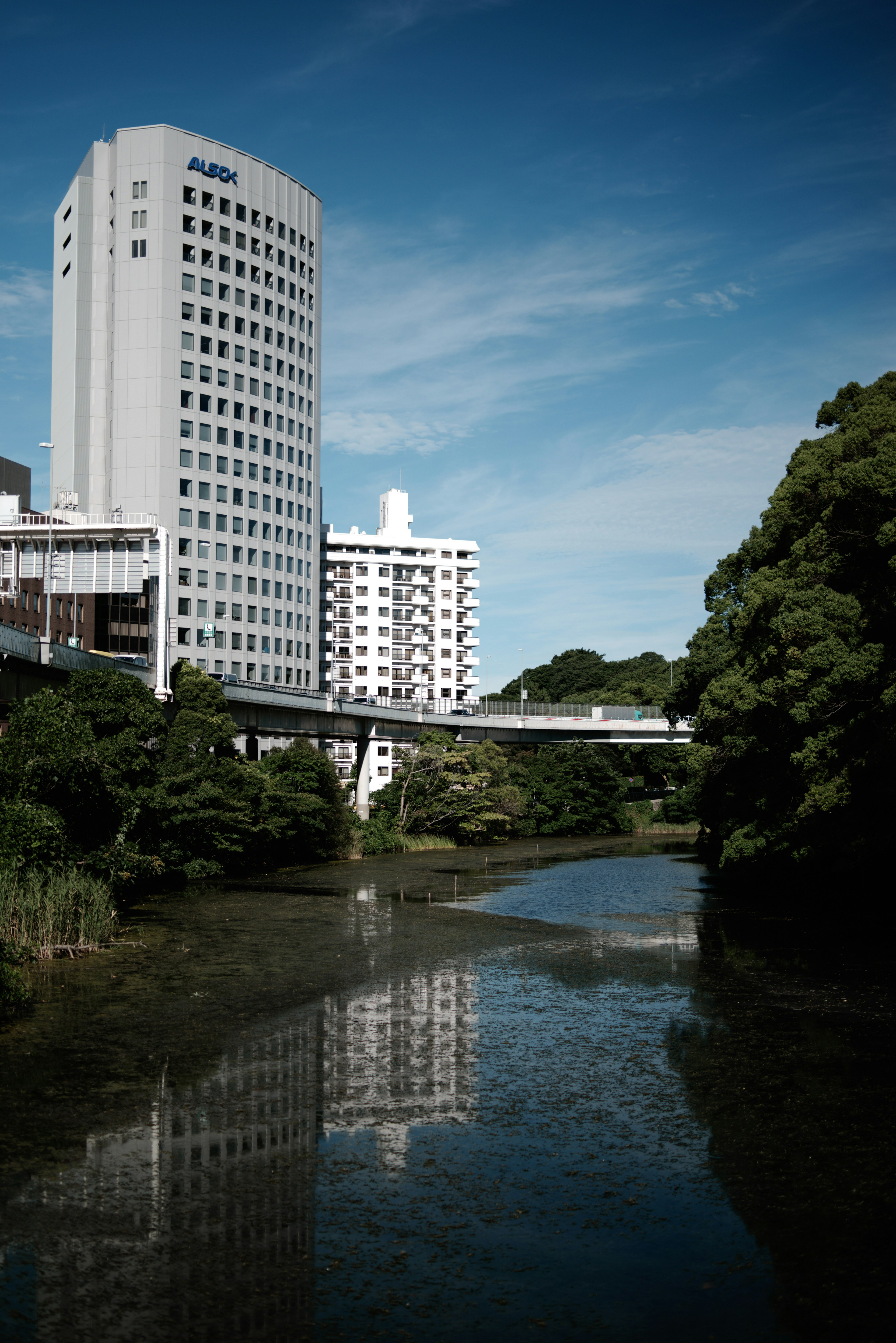 Paesaggio urbano con fiume e edifici circondati da verde e cielo blu