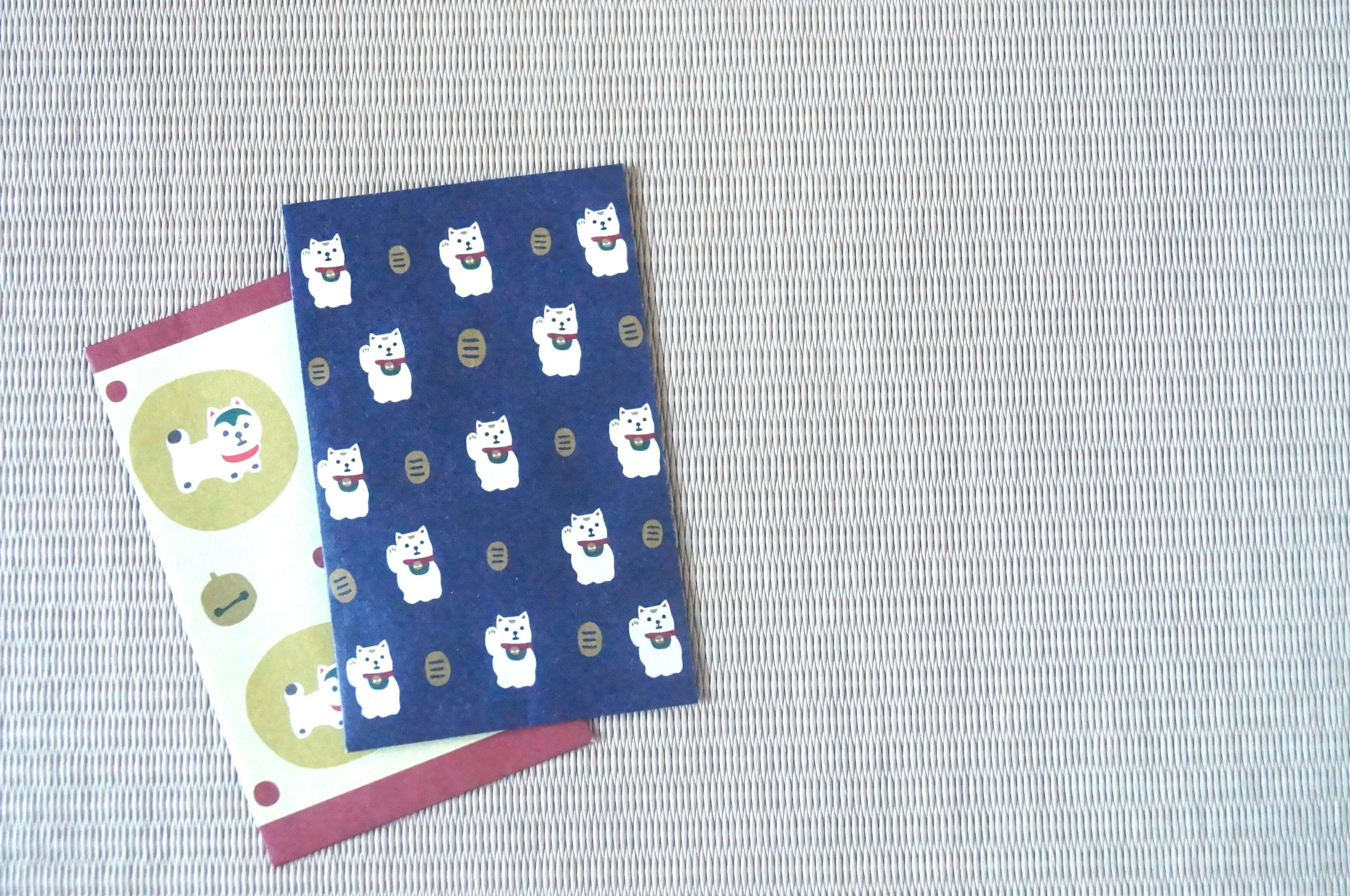 Two notebooks with unique designs one featuring white cats on a blue background and the other with a green pattern and red trim