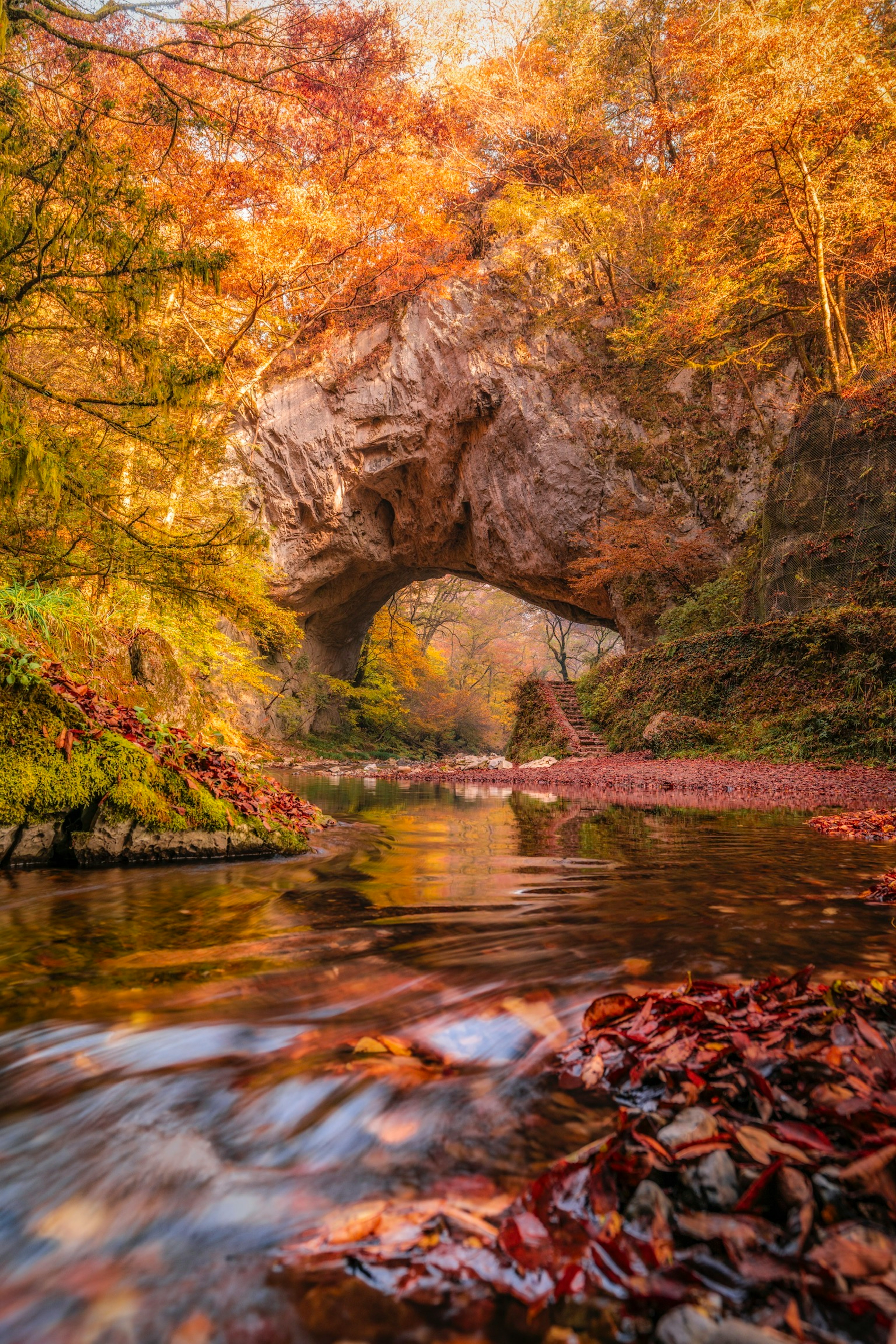 Vista panoramica di un arco naturale circondato da foglie autunnali e un fiume tranquillo