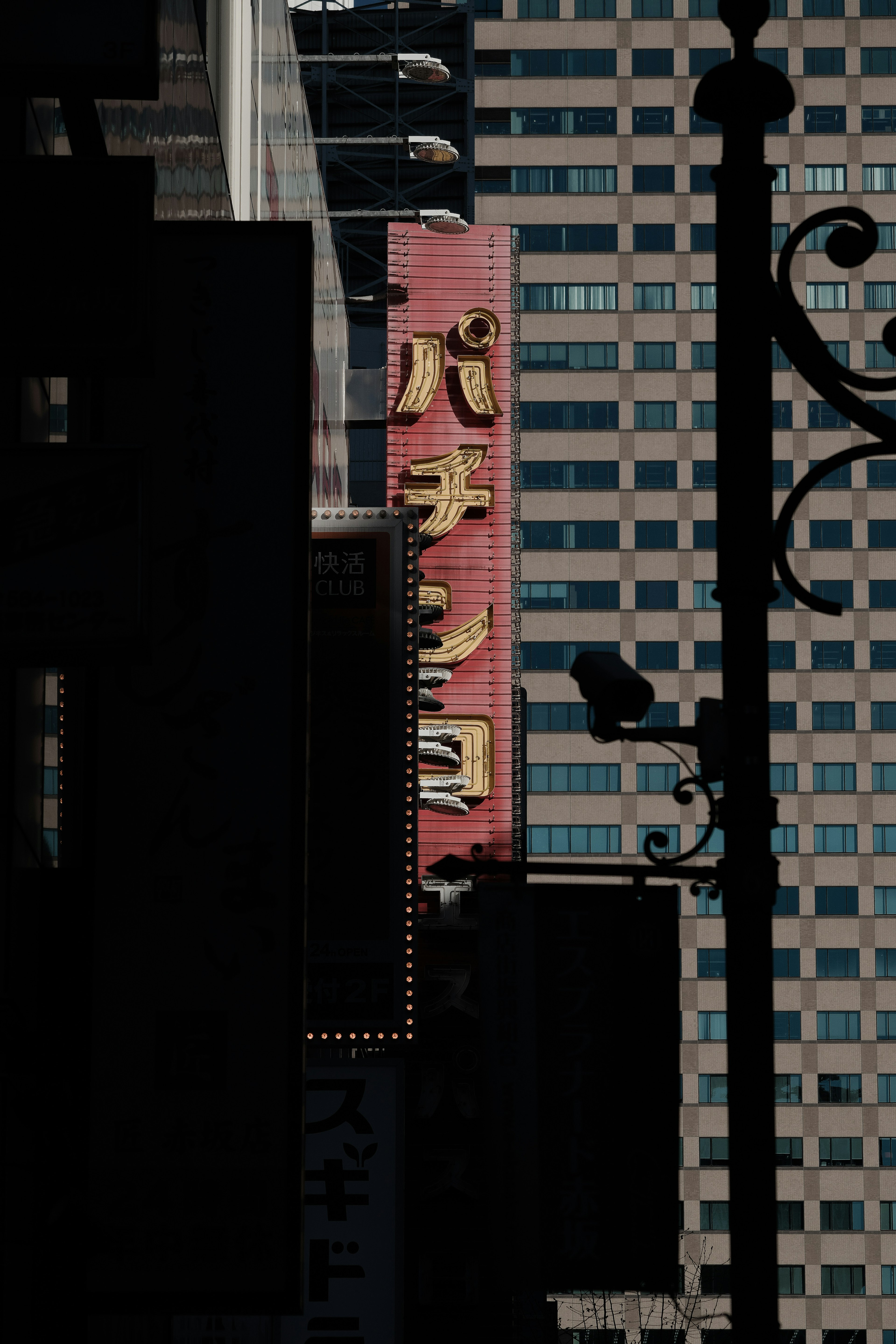 Japanese neon sign visible between urban buildings