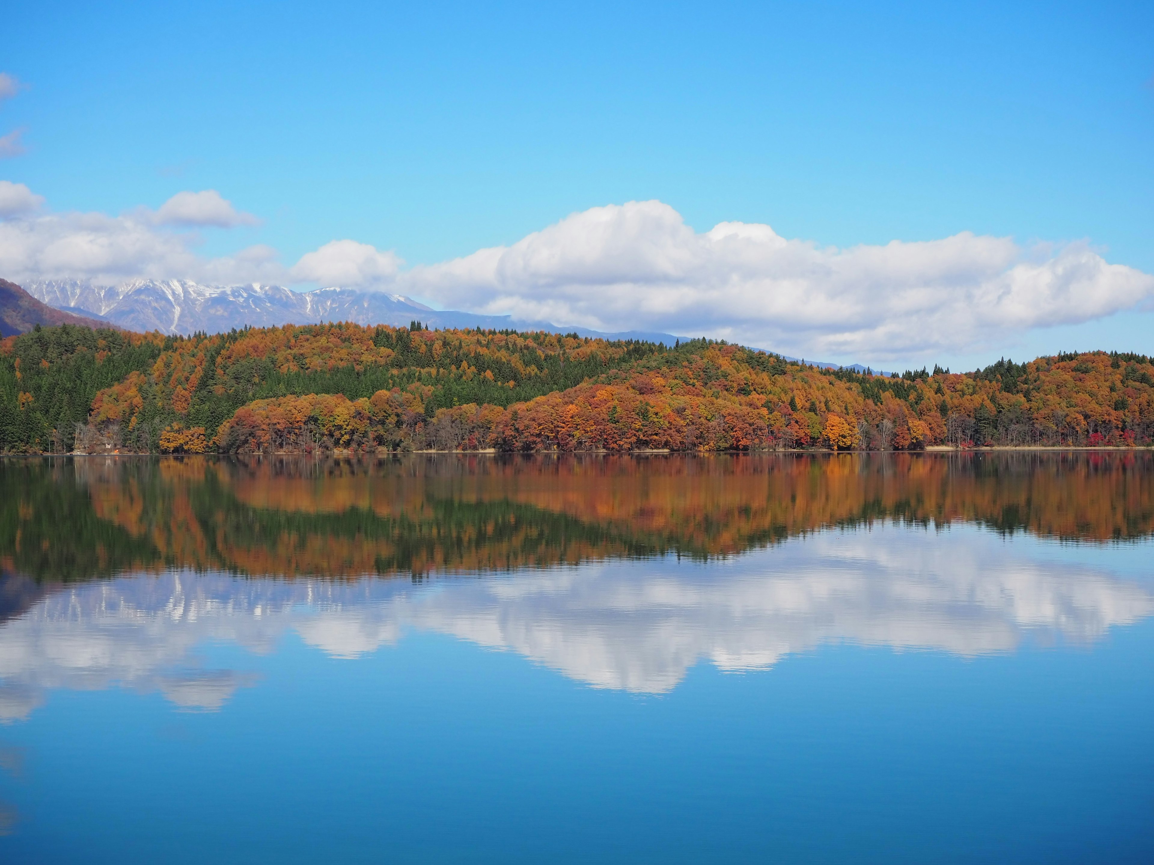 Vista escénica de un lago que refleja colores de otoño y cielo azul