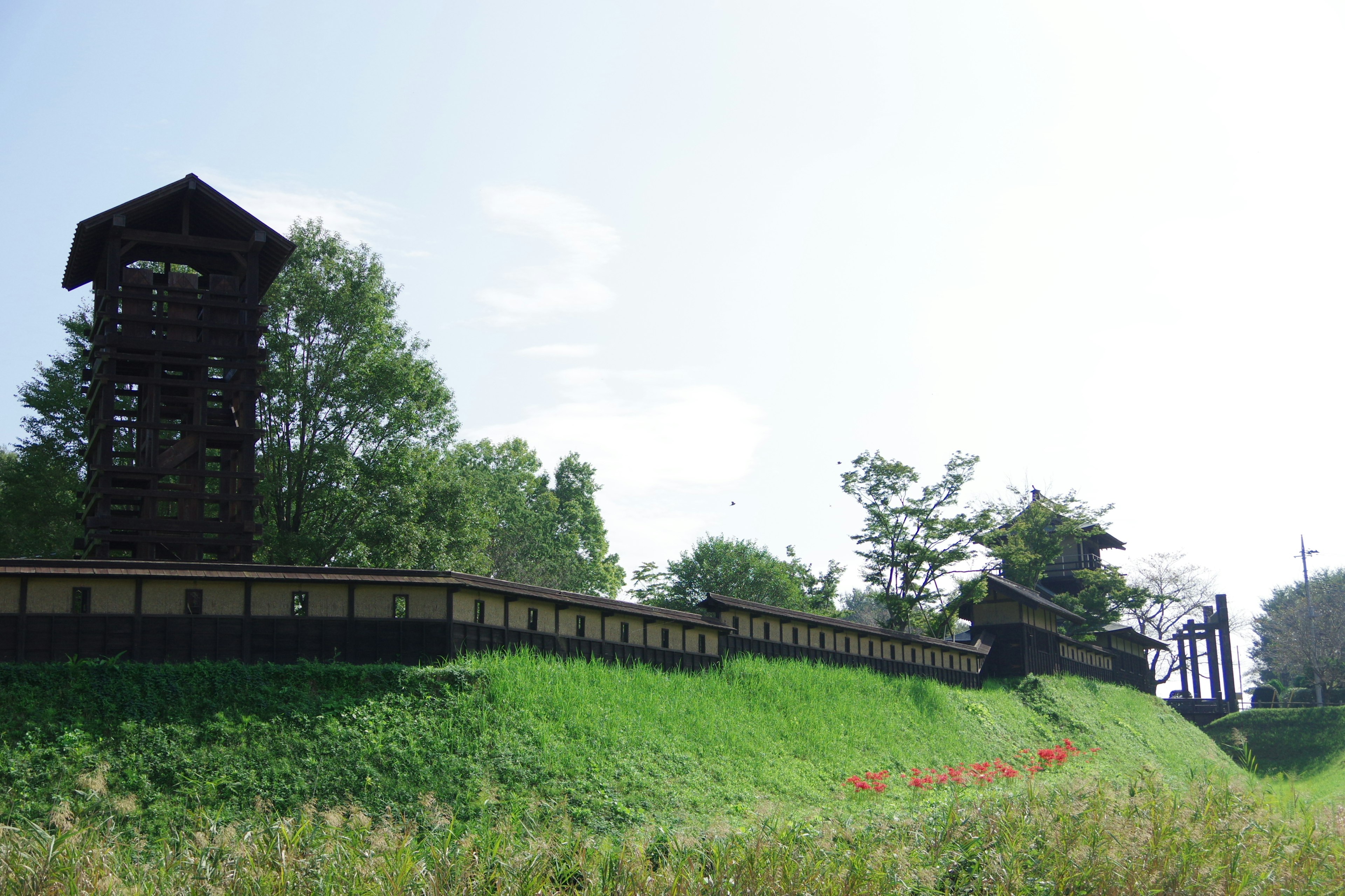 Holzturm und Wandstruktur auf einem grünen Hügel