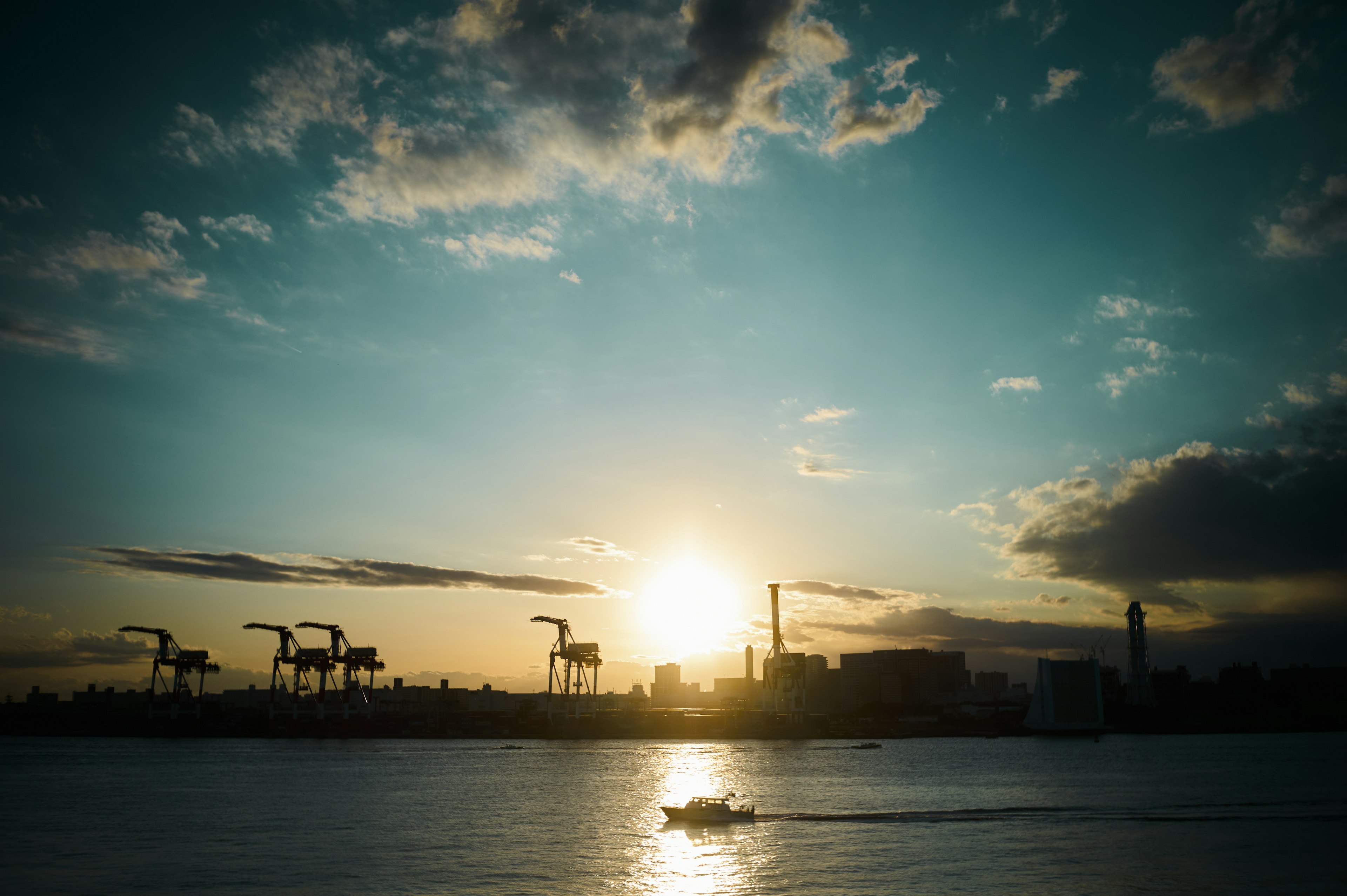 Silhouette of cranes against a sunset over water with city skyline