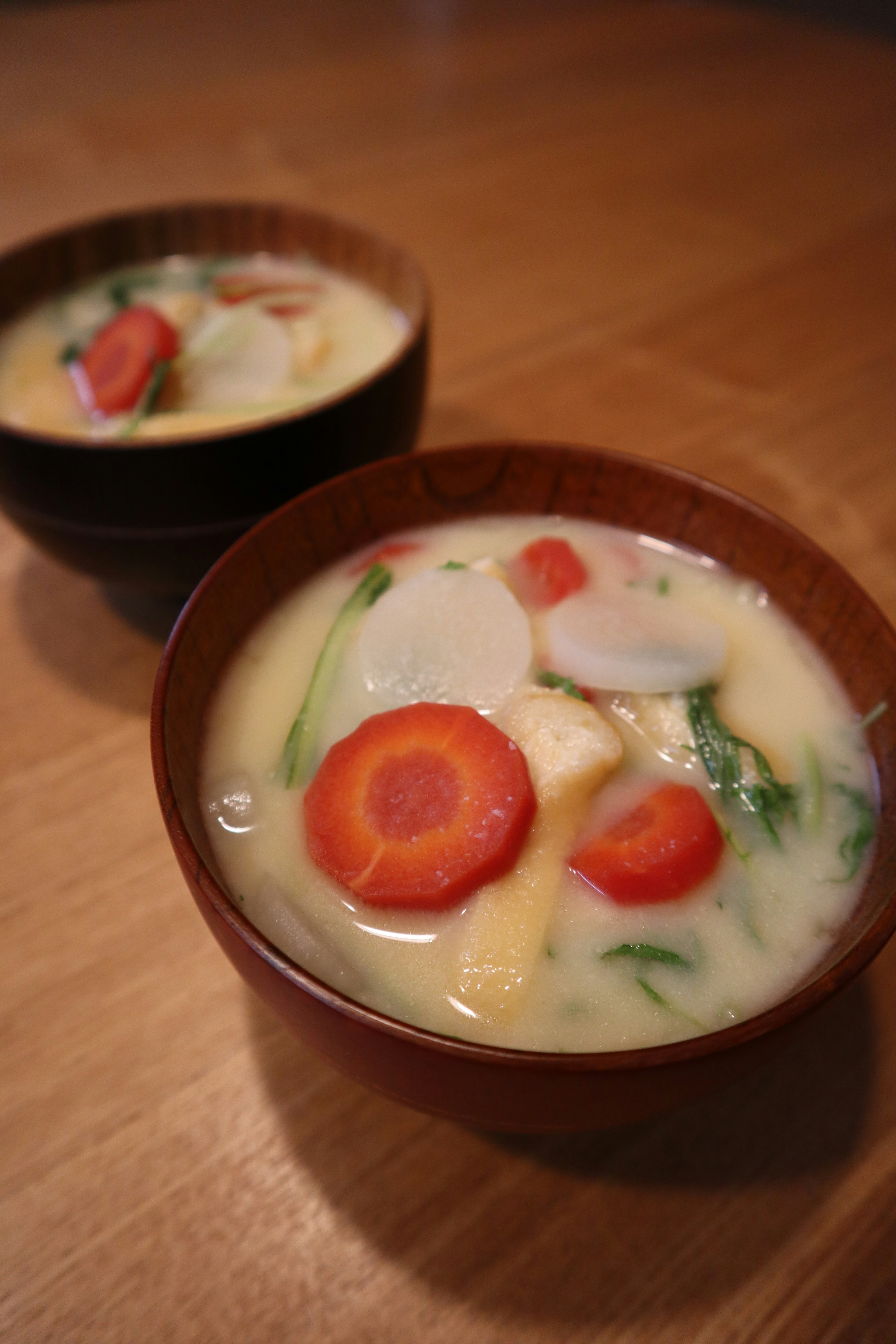 Two bowls of vegetable soup with carrots and radishes