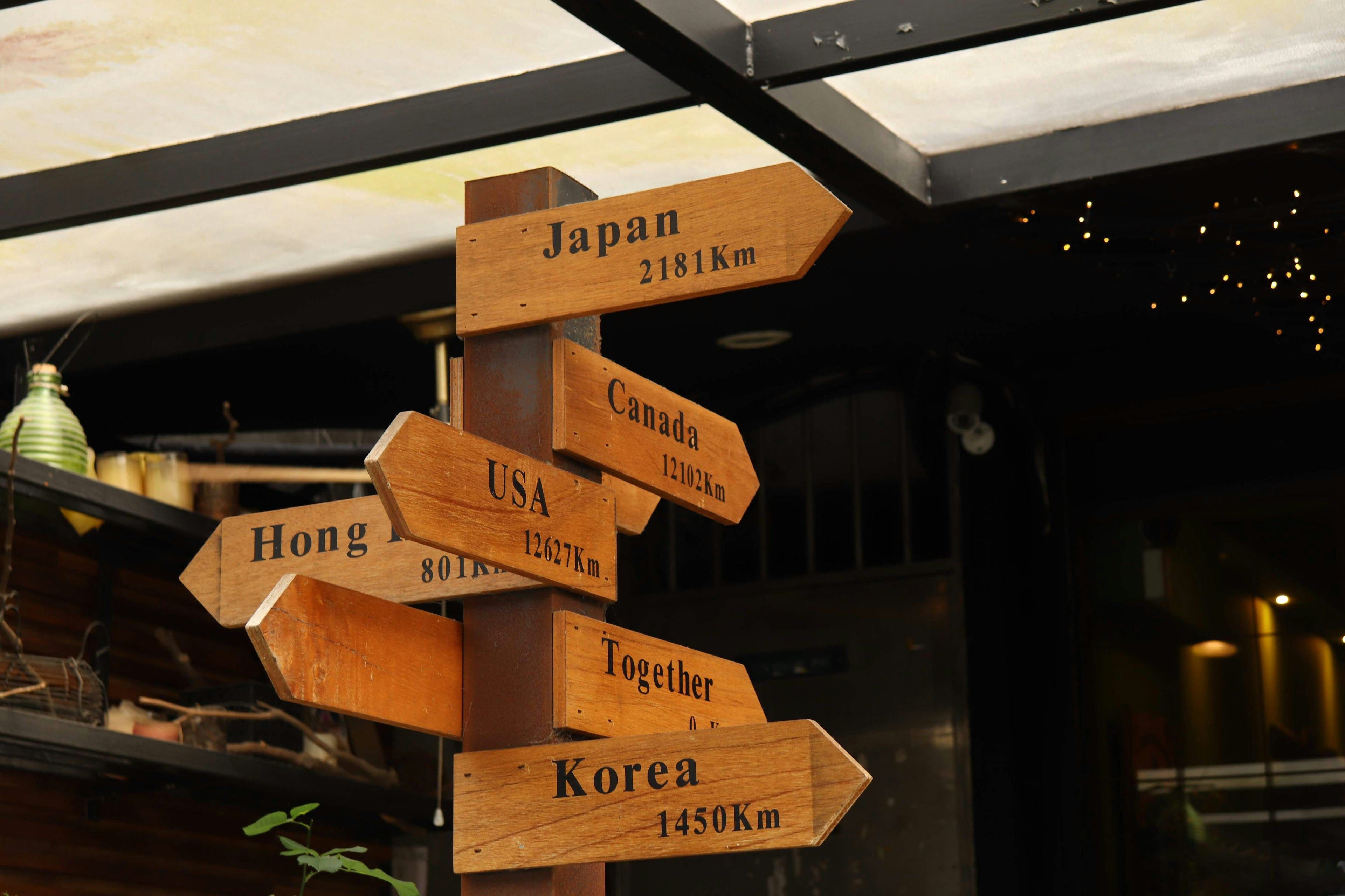 Wooden signpost indicating directions to Japan, Hong Kong, and Korea