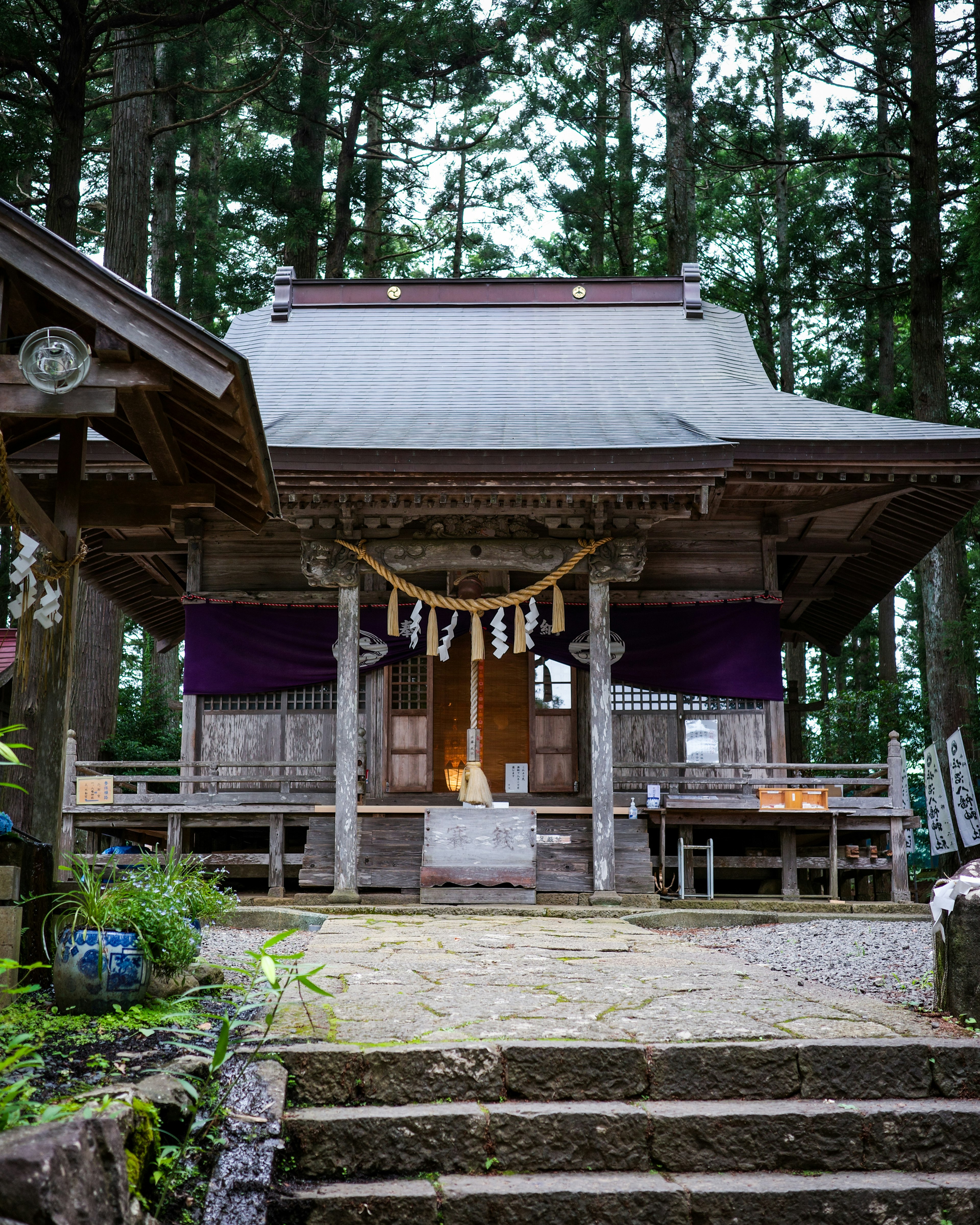 森の中にある伝統的な神社の建物と石の階段