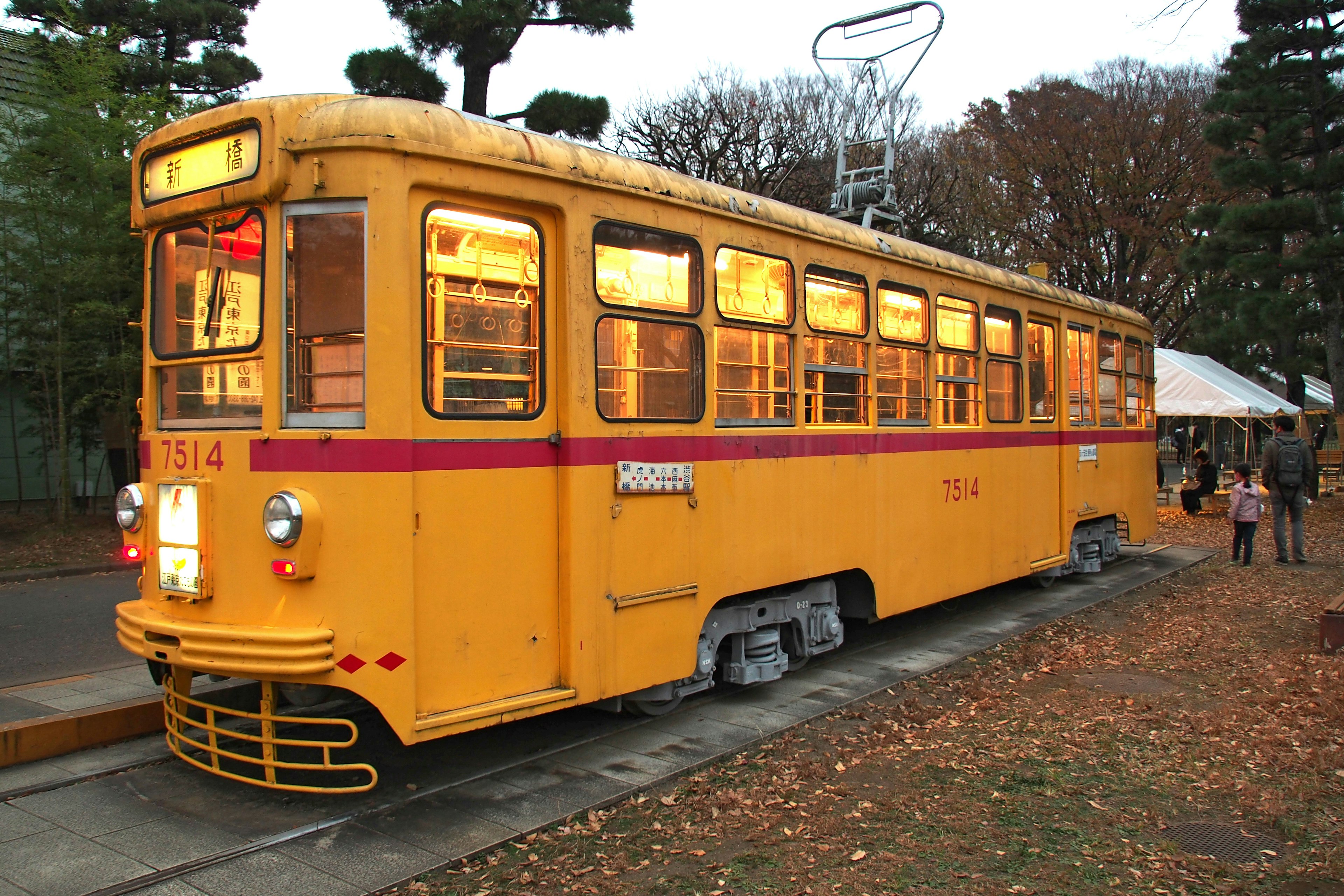 Gelber Straßenbahnwagen in einer malerischen Gegend geparkt