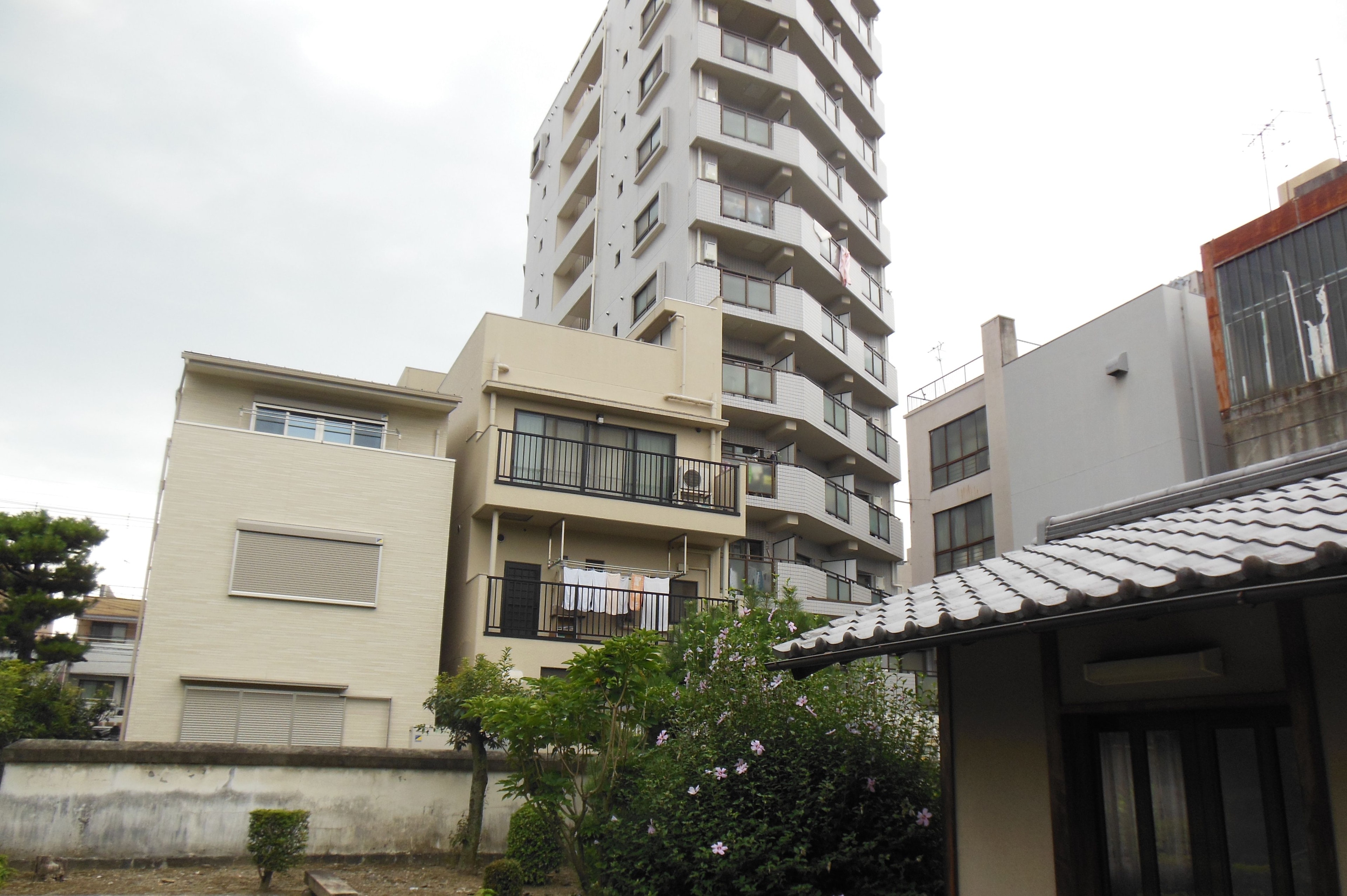 Paisaje urbano con un edificio alto y casas residenciales